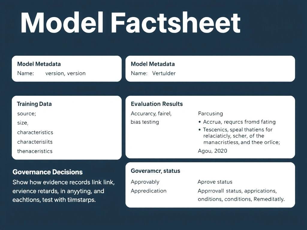 Model factsheet template showing sections: Model Metadata (name, version, owner), Training Data (source, size, characteristics), Evaluation Results (accuracy, fairness, bias testing), and Governance Decisions (approval status, conditions, remediation). Show how evidence records link to each section with timestamps.