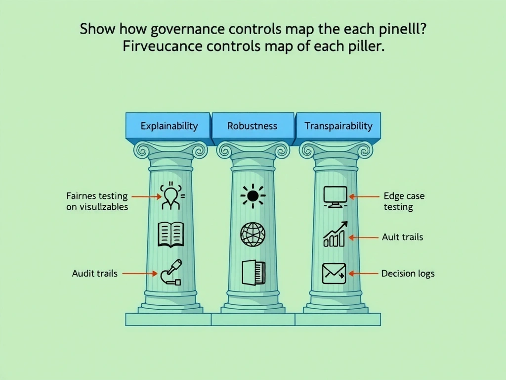 Five interconnected pillars labeled Fairness, Explainability, Robustness, Transparency, and Accountability. Each pillar has icons representing key controls: fairness testing on protected groups, model interpretability visualizations, edge case testing, audit trails, and decision logs. Show how governance controls map to each pillar.