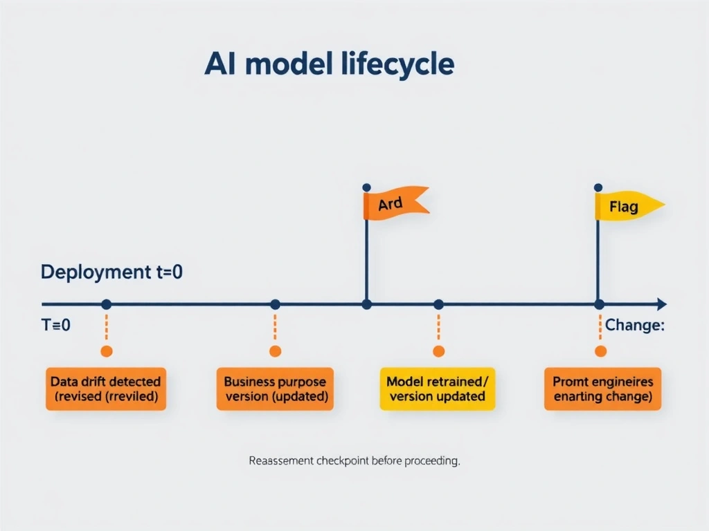 AI model lifecycle timeline showing deployment at t=0 (approved) through time with change triggers: data drift detected (red flag), business purpose revised (orange flag), model retrained/version updated (yellow flag), prompt engineering change (orange flag). Each trigger shows reassessment checkpoint before proceeding.
