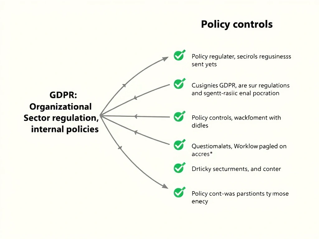 Diagram showing organizational obligations (GDPR, sector regulations, internal policies) on the left mapping via arrows to policy controls, questionnaires, and workflow requirements on the right, with green checkmarks at each alignment point.