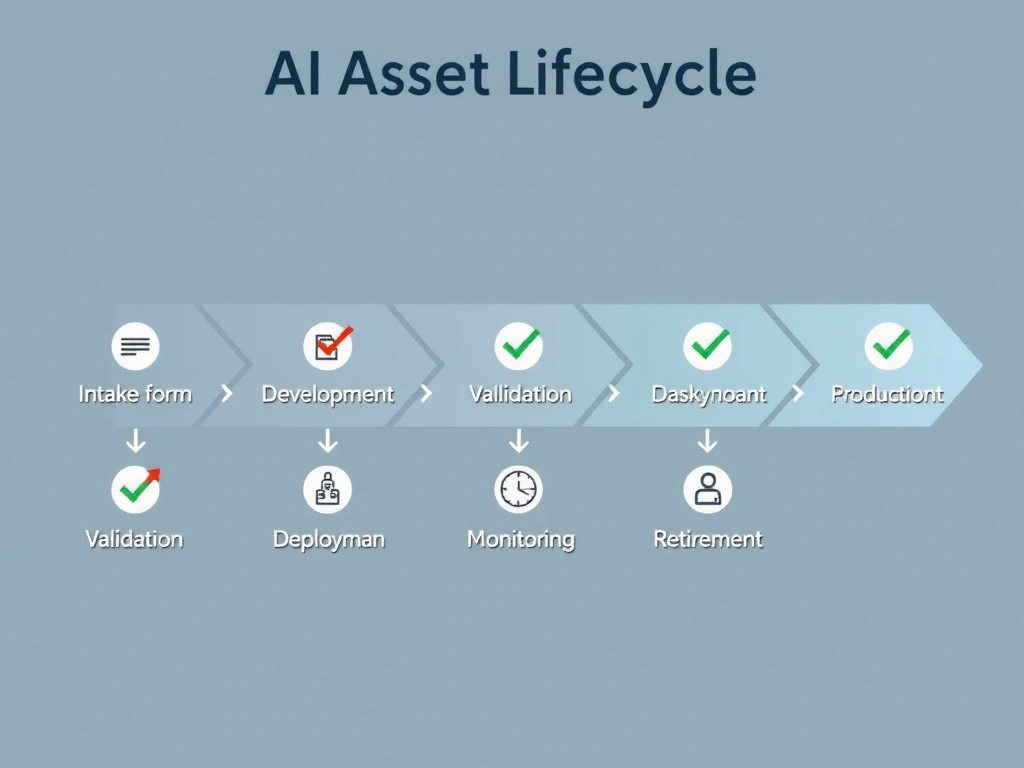 Flowchart showing six connected stages of AI asset lifecycle: Intake (intake form), Development (model building), Validation (testing checkmarks), Deployment (arrow to production), Monitoring (dashboard icon), and Retirement (archive icon), with arrows flowing left to right and governance checkpoints at each stage.