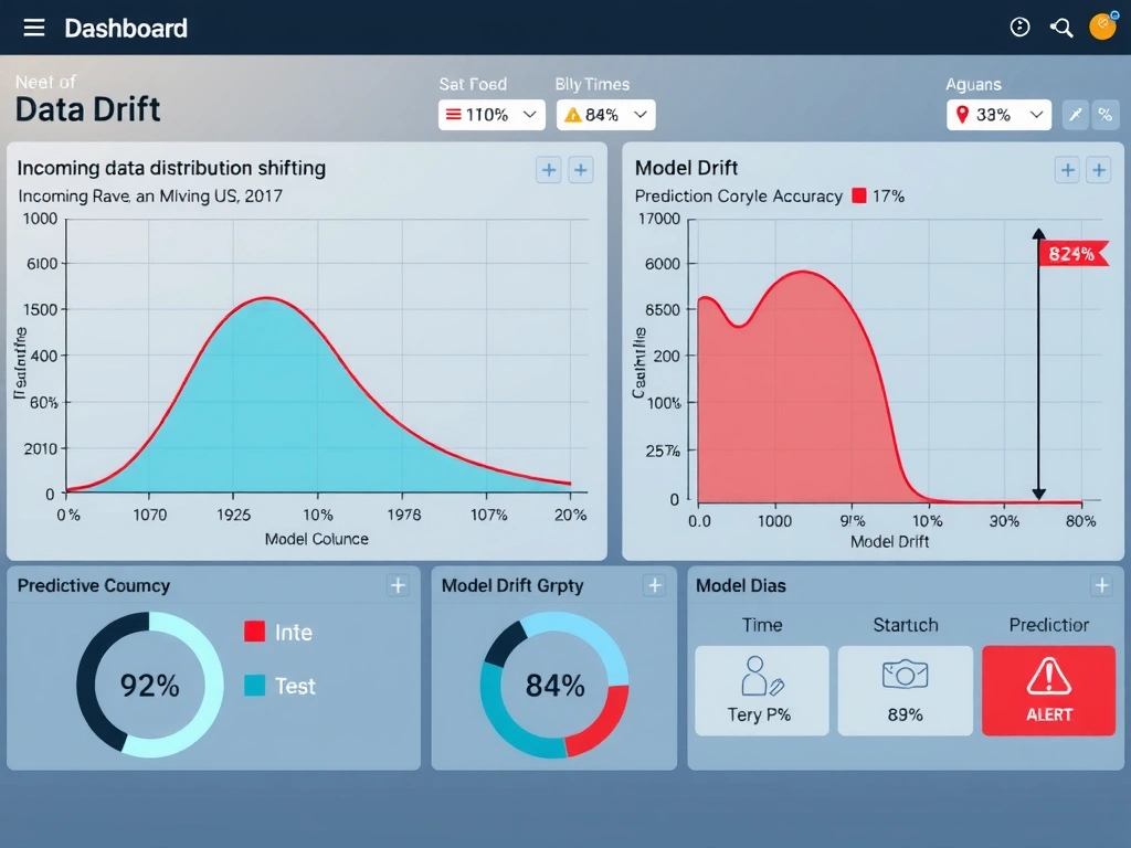 Dashboard showing two side-by-side graphs: Data Drift graph with incoming data distribution shifting over time (bell curve moving), and Model Drift graph with prediction accuracy declining from 92% to 84%, with red warning zones and alert flags on the right side.