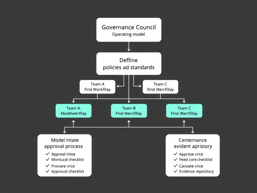 Organizational chart showing governance operating model: Governance Council (top) defining policies and standards, connected to Team A, Team B, Team C workflows below, each with their own model intake, approval process, and monitoring checklist, all feeding into a centralized governance evidence repository at the bottom.