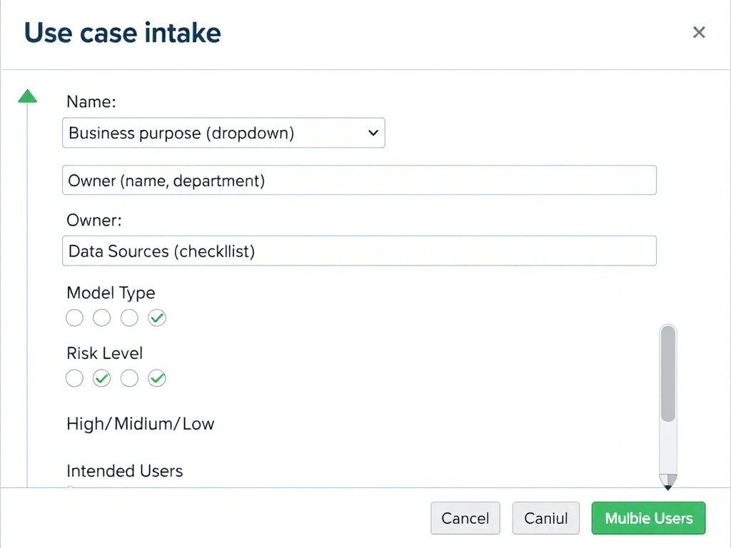 Use case intake form screenshot showing fields: Use Case Name, Business Purpose (dropdown), Owner (name, department), Data Sources (checklist), Model Type (radio buttons), Risk Level (High/Medium/Low), and Intended Users (multiselect), with validation checkmarks next to completed fields.