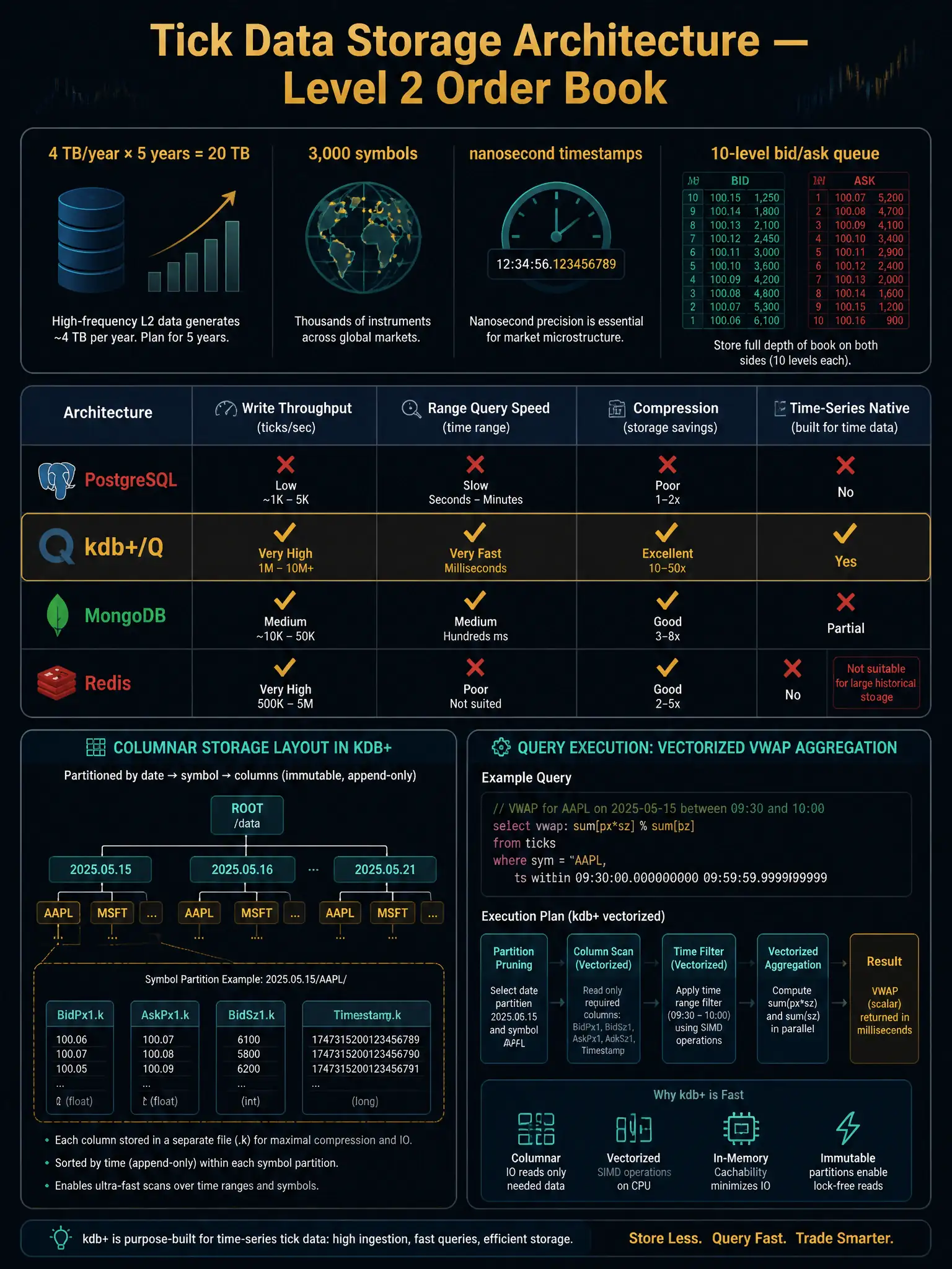 A 2048x1536 infographic on deep navy with gold and teal accents. Title: 'Tick Data Storage Architecture — Level 2 Order Book' in bold gold. Top panel: a data volume diagram showing '4 TB/year × 5 years = 20 TB', '3,000 symbols', 'nanosecond timestamps', '10-level bid/ask queue'. Center: a 4-column comparison table with headers 'Architecture', 'Write Throughput', 'Range Query Speed', 'Compression', 'Time-Series Native'. Rows: PostgreSQL (red X marks), kdb+/Q (gold checkmarks all), MongoDB (mixed), Redis (red X for storage capacity). Below table: diagram of columnar storage layout showing a kdb+ partition tree: root → date partition → symbol partition → column files (BidPx1, AskPx1, BidSz1, Timestamp). Right panel: query execution diagram showing vectorized VWAP aggregation. Professional dark quant finance aesthetic, monospace font for code examples.