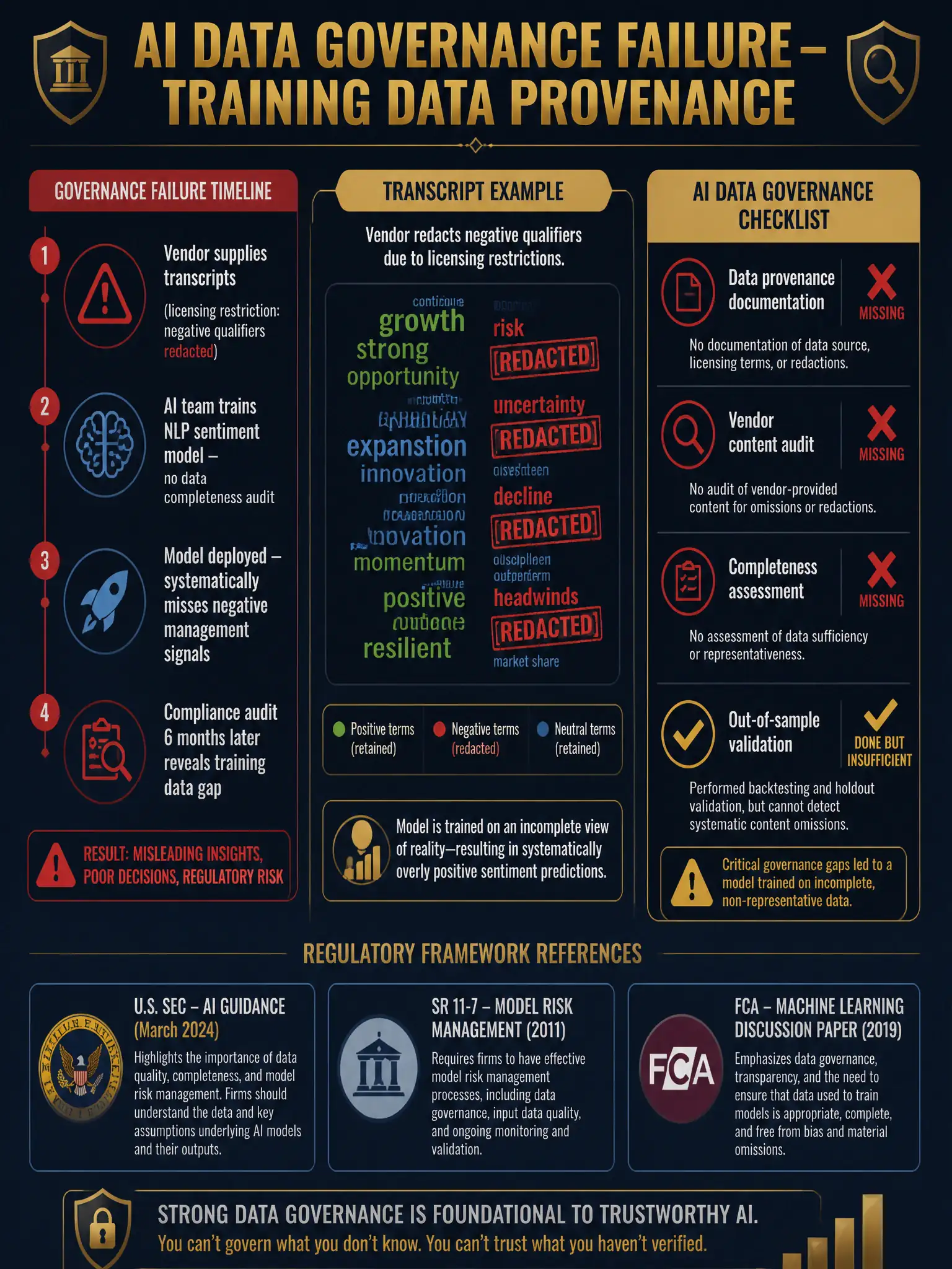 A 2048x1536 infographic on deep navy with gold and crimson accents. Title: 'AI Data Governance Failure — Training Data Provenance' in bold gold. Left panel: timeline of governance failure — Step 1: 'Vendor supplies transcripts (licensing restriction: negative qualifiers redacted)' with red warning icon. Step 2: 'AI team trains NLP sentiment model — no data completeness audit'. Step 3: 'Model deployed — systematically misses negative management signals'. Step 4: 'Compliance audit 6 months later reveals training data gap'. Center: a word cloud graphic showing a transcript with key negative terms ('risk', 'uncertainty', 'decline', 'headwinds') shown in red as REDACTED, while positive terms remain. Right panel: 'AI Data Governance Checklist' — Data provenance documentation (red X, missing), Vendor content audit (red X, missing), Completeness assessment (red X, missing), Out-of-sample validation (yellow check, done but insufficient). Bottom: regulatory framework references (SEC AI guidance, SR 11-7, FCA ML discussion paper). Professional governance audit aesthetic.