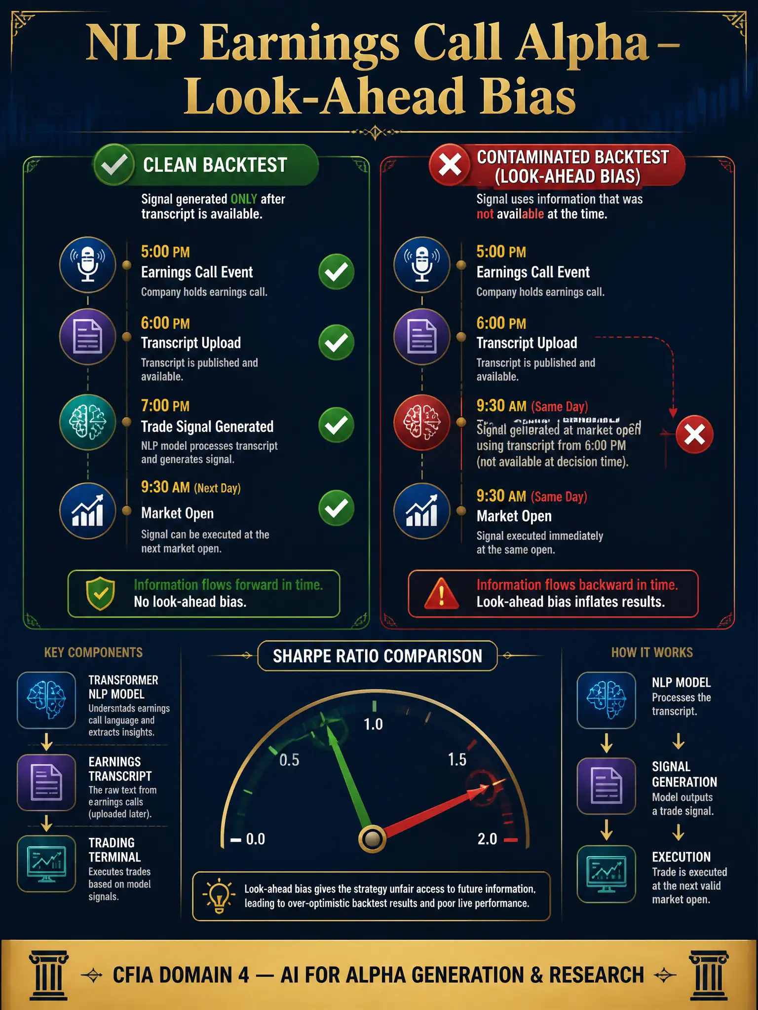 A detailed 2048x1536 infographic with a dark navy blue background and gold accent lines. Title in large gold serif font: 'NLP Earnings Call Alpha — Look-Ahead Bias'. Left panel: a timeline diagram showing an earnings call event at 5pm, transcript upload at 6pm, trade signal generated at 7pm, and market open at 9:30am next day — with green checkmarks on each step labeled 'Clean Backtest'. Right panel: the same timeline but with a red X showing the trade signal generated at 9:30am on the same day the call occurred, labeled 'Contaminated Backtest (Look-Ahead Bias)'. Center bottom: a Sharpe ratio gauge — real strategy at 0.9, contaminated strategy at 1.8 — with the contaminated needle shaded red. Small icons representing transformer NLP model, earnings transcript document, and a trading terminal. Footer bar in gold: 'CFIA Domain 4 — AI for Alpha Generation & Research'. Professional financial aesthetic with clean sans-serif labels.