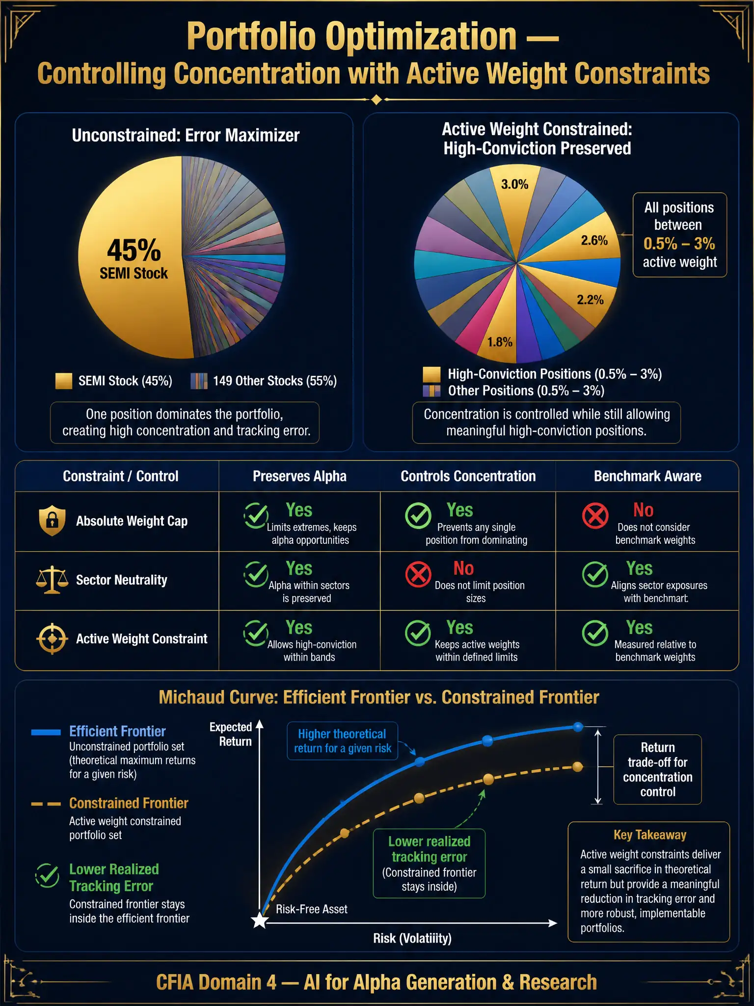 A detailed 2048x1536 infographic with dark navy background and gold accents. Title in gold: 'Portfolio Optimization — Controlling Concentration with Active Weight Constraints'. Top left: a pie chart showing the unconstrained portfolio with one massive 45% gold slice labeled 'SEMI Stock' and small thin slices for the other 149 stocks, labeled 'Unconstrained: Error Maximizer'. Top right: a balanced pie chart with all slices between 0.5%-3% each with a few slightly larger gold slices labeled 'Active Weight Constrained: High-Conviction Preserved'. Center: a comparison table — rows: Absolute Weight Cap, Sector Neutrality, Active Weight Constraint — columns: Preserves Alpha, Controls Concentration, Benchmark Aware — with green/red checkmarks. Bottom panel: a Michaud curve diagram showing Efficient Frontier vs. Constrained Frontier with the constrained version slightly inside the efficient frontier but with lower realized tracking error. Footer: 'CFIA Domain 4 — AI for Alpha Generation & Research'.
