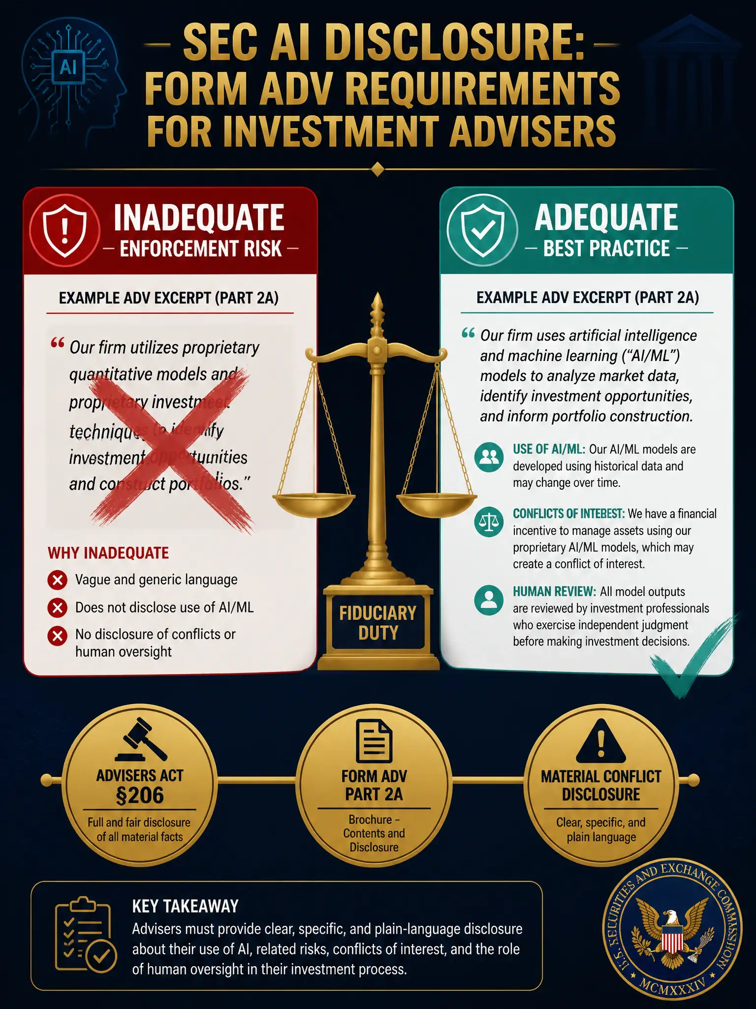 A 2048x1536 professional financial regulatory infographic on dark navy (#0A1628) titled 'SEC AI Disclosure: Form ADV Requirements for Investment Advisers' in bold gold (#C9A84C). Left half: a split card labeled 'INADEQUATE — Enforcement Risk' in crimson red (#C0392B) showing an example ADV excerpt with vague language ('proprietary quantitative models') and a red X overlay. Right half: a card labeled 'ADEQUATE — Best Practice' in teal green (#2CA58D) showing a plain-language excerpt disclosing AI use, conflict of interest, and human review, with a teal checkmark. Center: a balance scale icon in gold with 'Fiduciary Duty' as the fulcrum label. Bottom: three circular badges in gold — 'Advisers Act §206', 'Form ADV Part 2A', 'Material Conflict Disclosure' — connected by horizontal gold line. SEC logo badge in bottom-right corner. Dark, executive, regulatory compliance aesthetic.