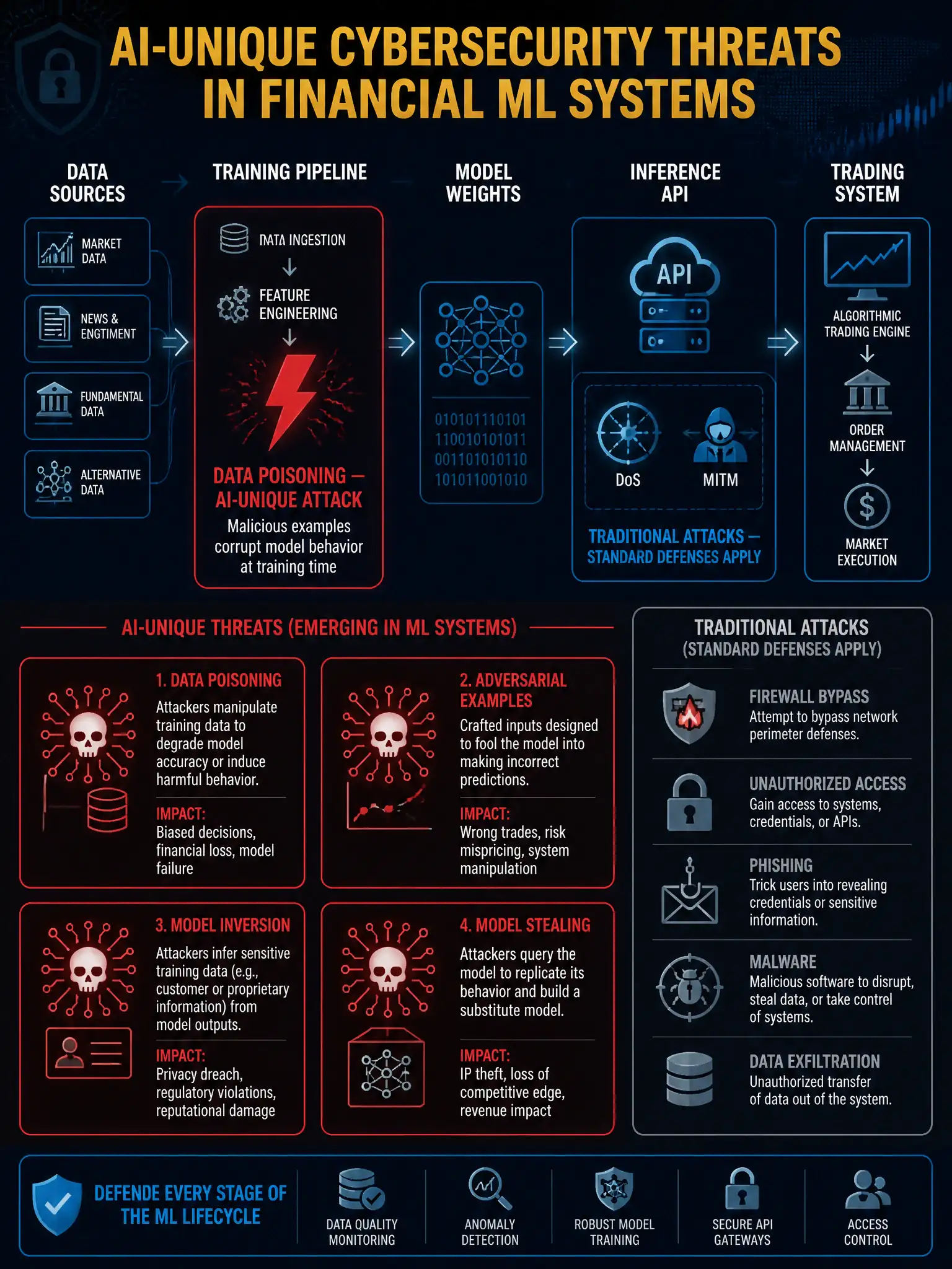 A 2048x1536 cybersecurity-themed financial AI infographic on dark navy (#0A1628) with electric blue (#3A8EBA) and crimson (#C0392B) accents, gold (#C9A84C) title text. Title: 'AI-Unique Cybersecurity Threats in Financial ML Systems'. Center visual: a stylized ML pipeline diagram showing 'Data Sources → Training Pipeline → Model Weights → Inference API → Trading System'. At the Training Pipeline stage: a large crimson lightning bolt icon labeled 'DATA POISONING — AI-Unique Attack' with description 'Malicious examples corrupt model behavior at training time'. At the Inference API stage: smaller blue threat icons labeled 'DoS' and 'MITM' with a label 'Traditional Attacks — Standard Defenses Apply'. Bottom section: a 2x2 grid of AI-unique threat cards in crimson-bordered boxes: 'Data Poisoning', 'Adversarial Examples', 'Model Inversion', 'Model Stealing' — each with a skull-circuit icon. Traditional attack threats shown in separate gray-bordered area with standard security icons. Dark, technical, executive cybersecurity aesthetic.