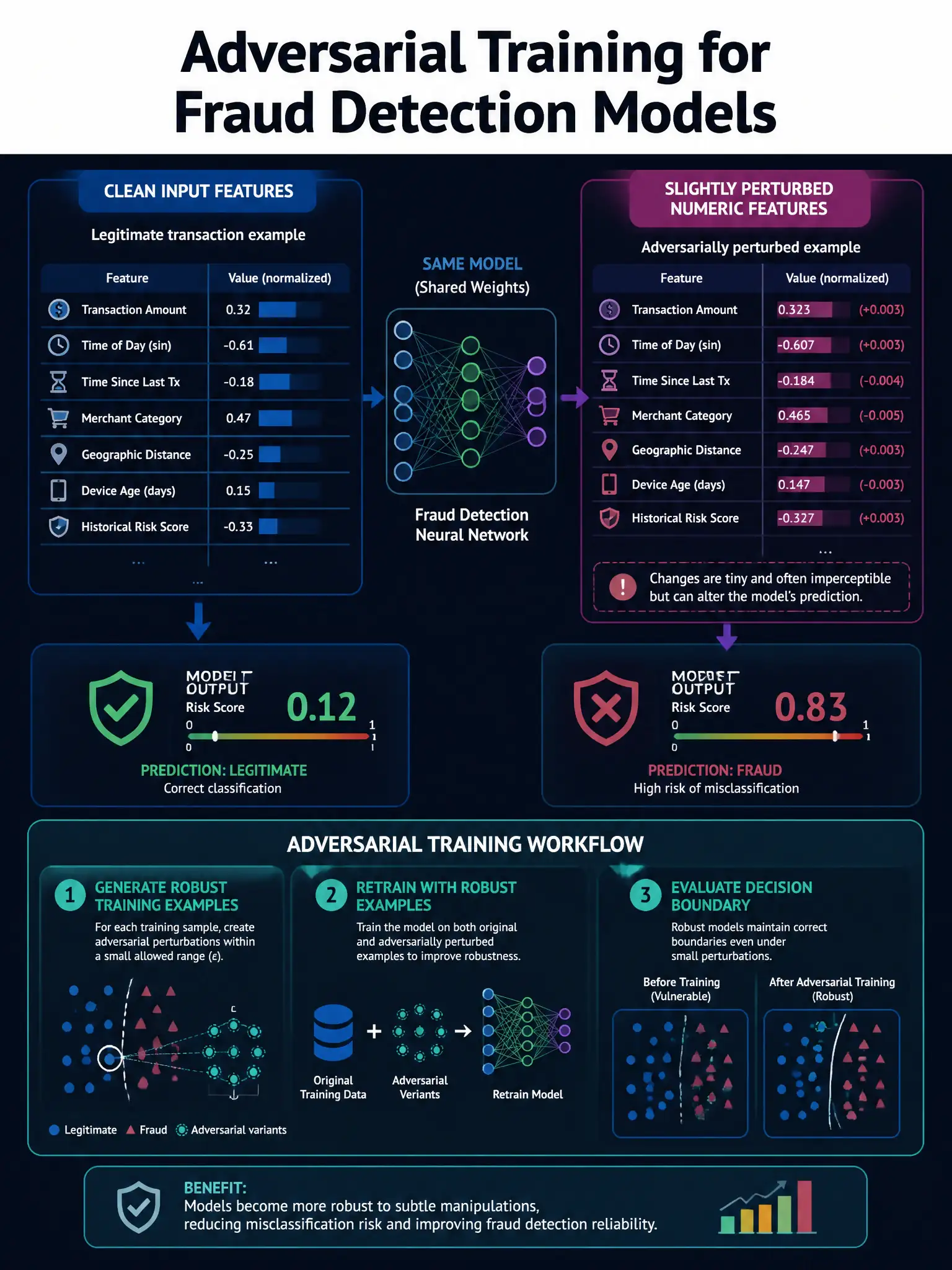 Portrait educational infographic for machine learning robustness. Title: 'Adversarial Training for Fraud Detection Models'. Clean modern diagram on dark navy: Left panel 'Clean input features' → neural network → correct risk score. Right panel 'Slightly perturbed numeric features' → same network → misclassification risk. Bottom teal box: Adversarial Training workflow: generate robust training examples → retrain → evaluate decision boundary. Abstract forms and charts only; no people, no crime scenes, no weapons. Professional fintech ML architecture style, 1536x2048 portrait.