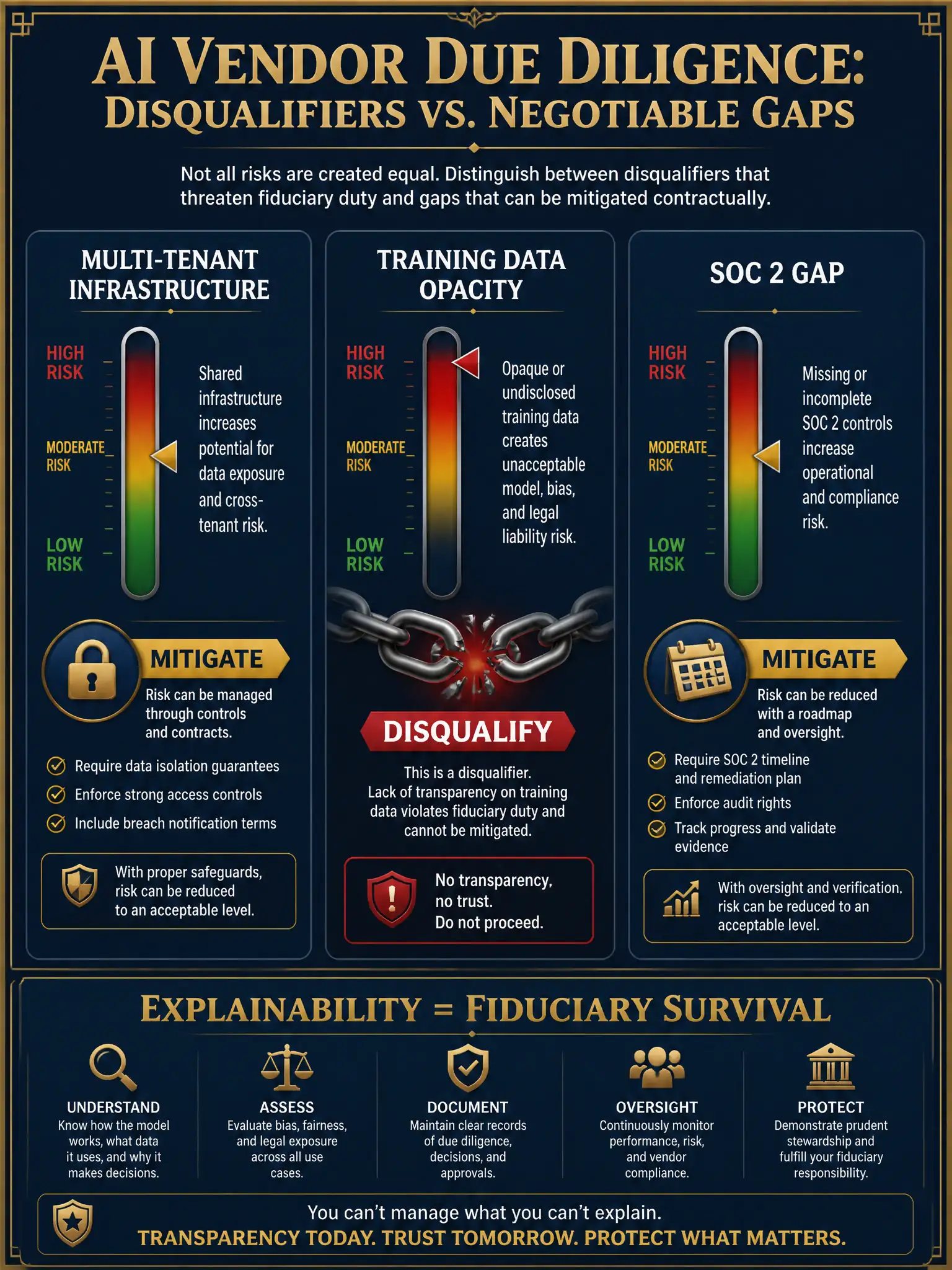 A professional infographic on a deep navy blue background with gold accent lines titled 'AI Vendor Due Diligence: Disqualifiers vs. Negotiable Gaps.' Three columns labeled 'Multi-Tenant Infrastructure,' 'Training Data Opacity,' and 'SOC 2 Gap' each contain a vertical risk thermometer. The center column (Training Data Opacity) shows a red DISQUALIFY badge and a broken chain icon. The other two columns show yellow MITIGATE badges with padlock and calendar icons respectively. A bottom row summarizes: 'Explainability = Fiduciary Survival.' Gold serif typography, dark financial aesthetic, 2048x1536 resolution, ultra-detailed.