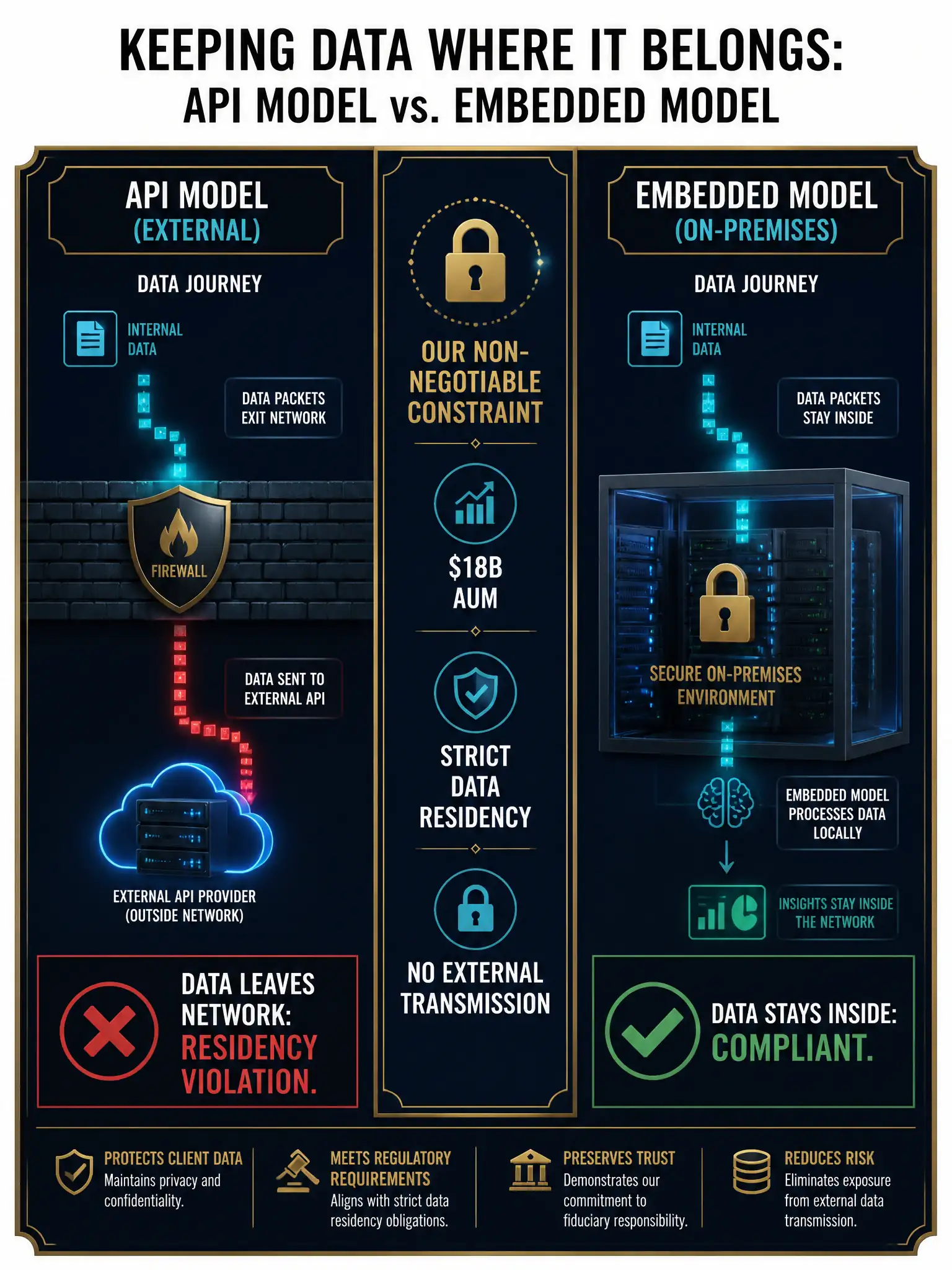 A split-panel infographic on dark navy blue with gold borders. Left panel labeled 'API Model (External)' shows data packets traveling through a firewall barrier with a red X — text reads 'Data Leaves Network: Residency Violation.' Right panel labeled 'Embedded Model (On-Premises)' shows data flowing within a locked server enclosure with a green checkmark — text reads 'Data Stays Inside: Compliant.' Center column lists the constraint: '$18B AUM | Strict Data Residency | No External Transmission.' Gold padlock icons, teal accent lines, professional financial technology aesthetic, 2048x1536 resolution.