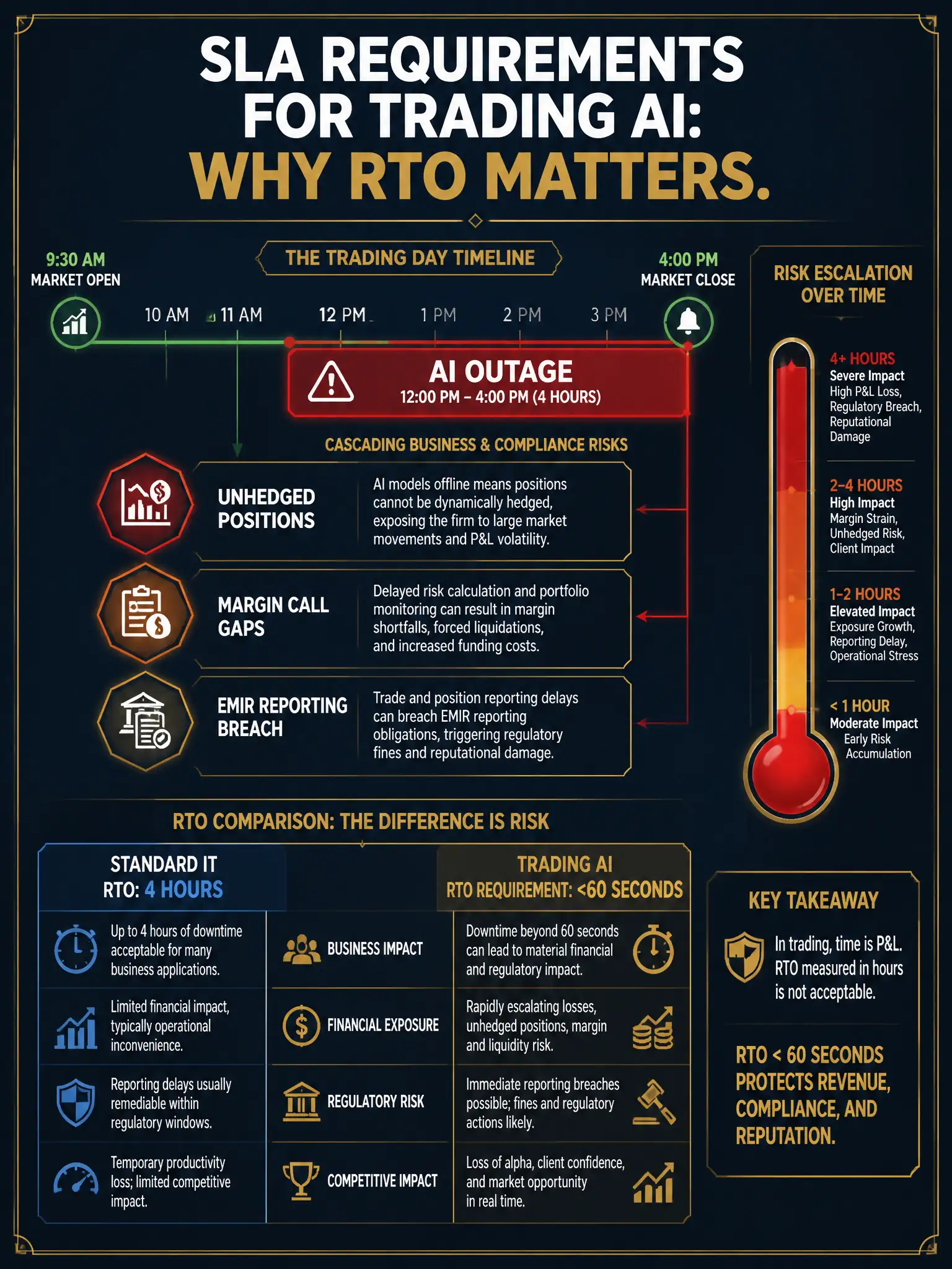 A risk impact infographic on dark navy blue with gold accents. Title: 'SLA Requirements for Trading AI: Why RTO Matters.' Center timeline graphic shows a trading day from 9:30 AM market open to 4:00 PM close. A red 'AI OUTAGE' block spans a 4-hour window. Beside it, cascading risk icons: unhedged positions, margin call gaps, EMIR reporting breach. Bottom comparison table: 'Standard IT RTO: 4 hours' vs 'Trading AI RTO Requirement: <60 seconds.' Red and gold risk thermometer on the right side. Professional financial risk aesthetic, 2048x1536 resolution.