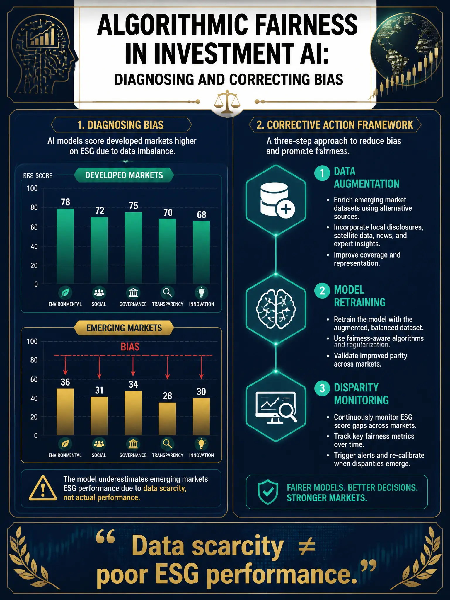 An ethics framework infographic on dark navy blue with gold and emerald green accents. Title: 'Algorithmic Fairness in Investment AI: Diagnosing and Correcting Bias.' Left panel: two overlapping bar charts labeled 'Developed Markets' and 'Emerging Markets' with ESG scores — the emerging market bars are artificially shorter, with a red 'BIAS' arrow annotating the gap. Right panel: three-step corrective action flow — (1) Data Augmentation, (2) Model Retraining, (3) Disparity Monitoring — in teal hexagonal icons. Bottom quote: 'Data scarcity ≠ poor ESG performance.' Professional dark financial aesthetic, 2048x1536 resolution.