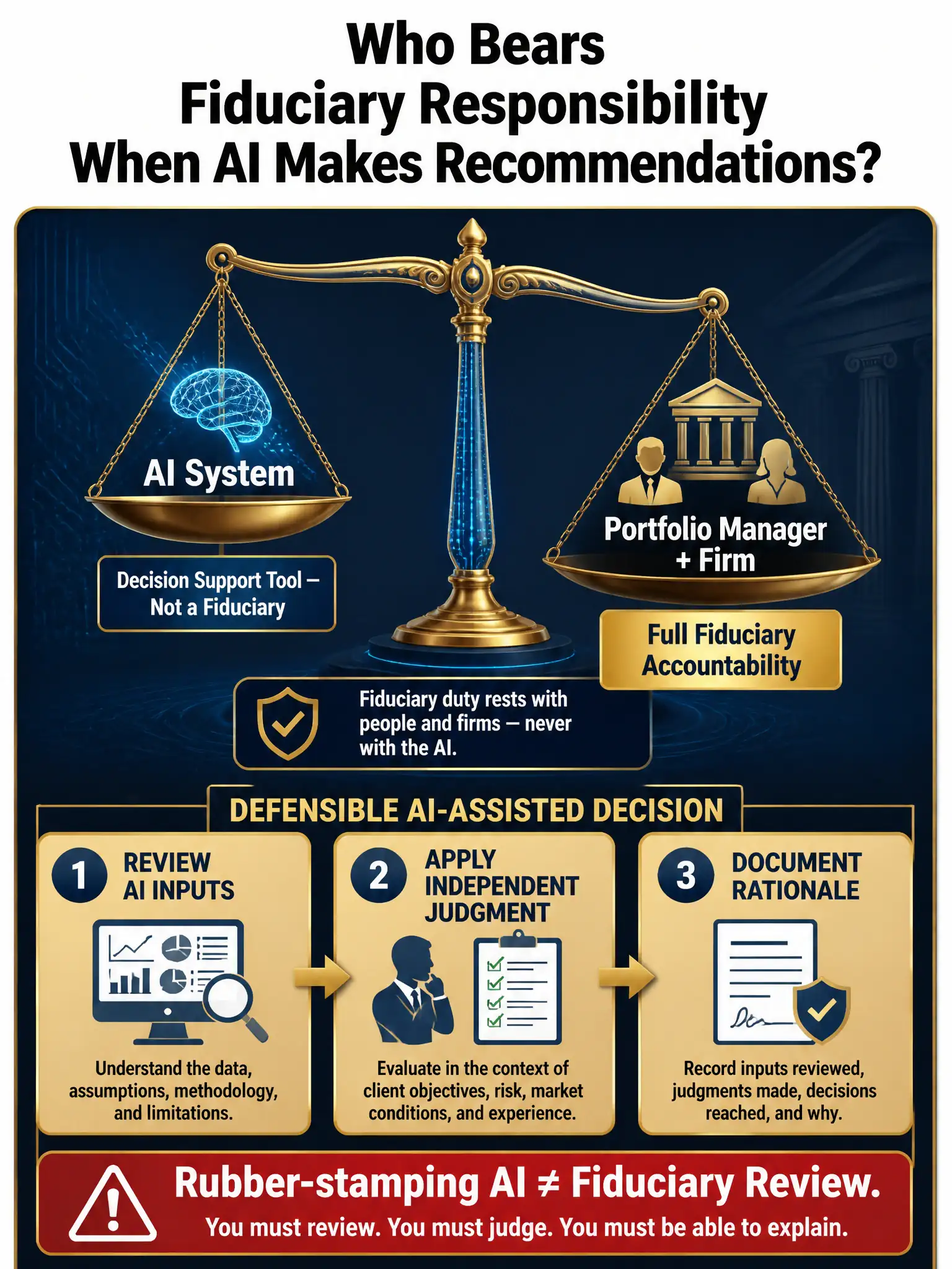 A fiduciary accountability infographic on deep navy blue with gold scales-of-justice iconography. Title: 'Who Bears Fiduciary Responsibility When AI Makes Recommendations?' Center graphic: a digital scale with 'AI System' on the left pan (labeled 'Decision Support Tool — Not a Fiduciary') and 'Portfolio Manager + Firm' on the right pan (heavier, labeled 'Full Fiduciary Accountability'). Below the scale: a three-step 'Defensible AI-Assisted Decision' checklist in gold boxes — (1) Review AI Inputs, (2) Apply Independent Judgment, (3) Document Rationale. Bottom warning banner in red: 'Rubber-stamping AI ≠ Fiduciary Review.' 2048x1536, professional financial legal aesthetic.