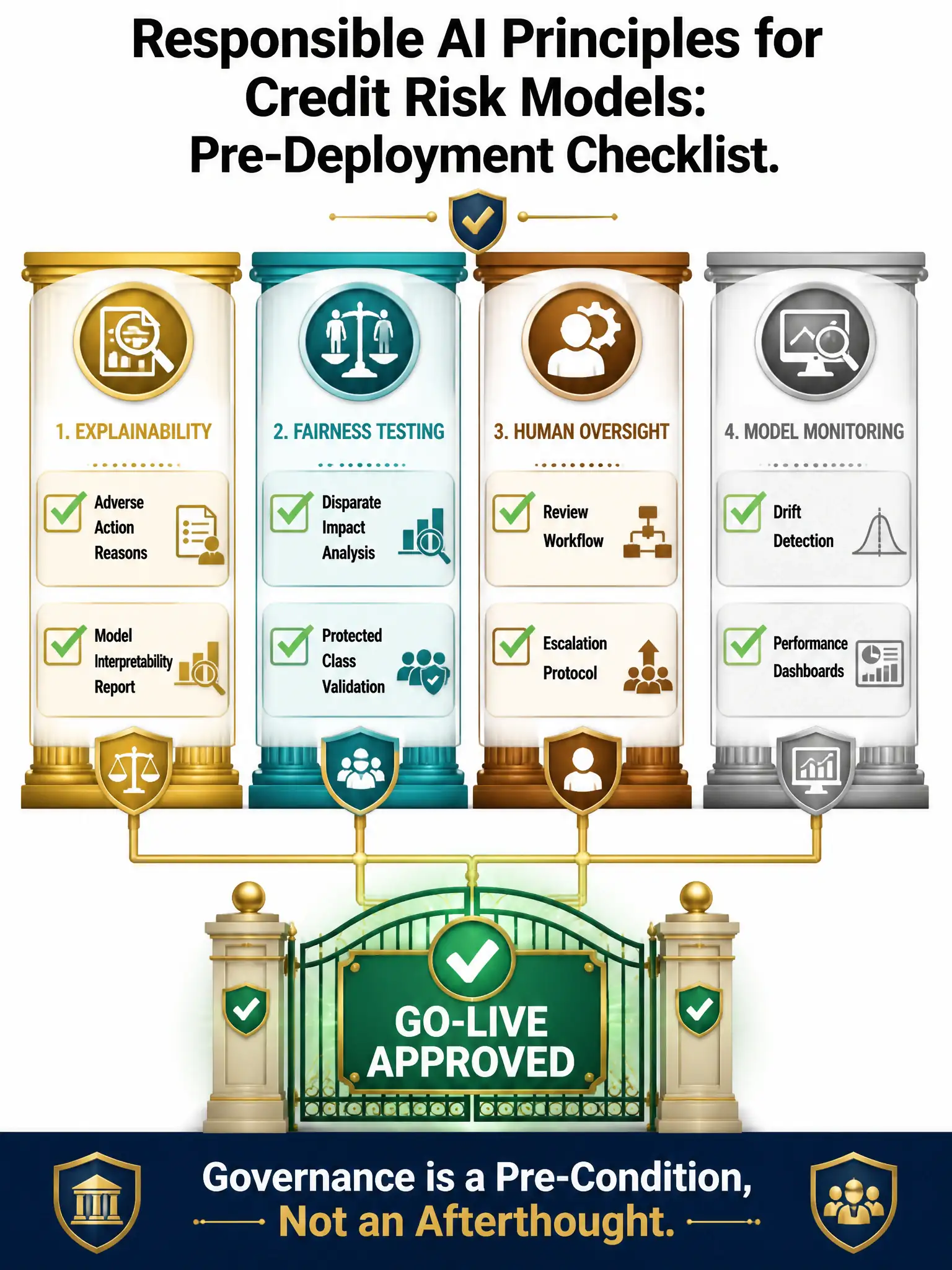 A responsible AI framework infographic on deep navy blue with gold and teal design elements. Title: 'Responsible AI Principles for Credit Risk Models: Pre-Deployment Checklist.' Four pillar columns, each with an icon and checklist items: (1) Gold column 'Explainability' — adverse action reasons, model interpretability report; (2) Teal column 'Fairness Testing' — disparate impact analysis, protected class validation; (3) Bronze column 'Human Oversight' — review workflow, escalation protocol; (4) Silver column 'Model Monitoring' — drift detection, performance dashboards. A green 'GO-LIVE APPROVED' gate graphic appears only after all four columns show green checkmarks. Bottom text: 'Governance is a Pre-Condition, Not an Afterthought.' 2048x1536 resolution, professional financial ethics aesthetic.