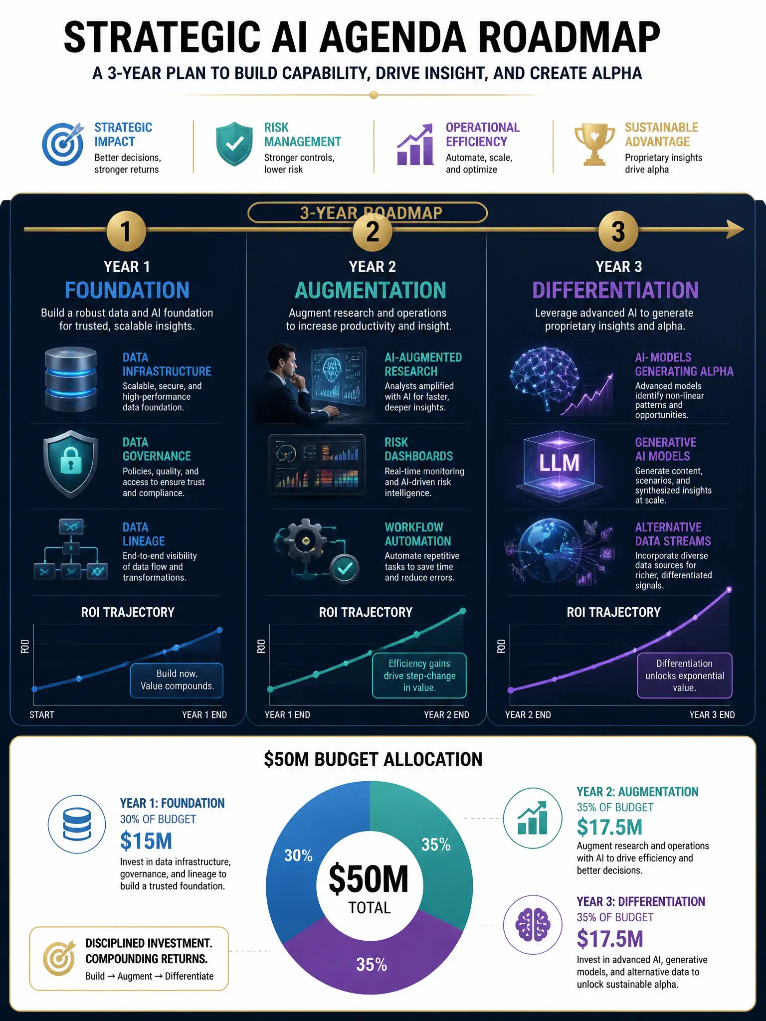 Strategic AI agenda roadmap infographic for CIO-level audience, dark navy background with gold timeline, 2048x1536 pixels. Horizontal three-year roadmap with milestone markers. Year 1 shows infrastructure icons: database stack, data governance shield, data lineage flowchart, labeled 'Foundation'. Year 2 shows research augmentation icons: analyst with AI overlay, risk dashboard, workflow automation, labeled 'Augmentation'. Year 3 shows advanced AI icons: neural network generating alpha, generative AI model, alternative data streams, labeled 'Differentiation'. Each year shows a rising ROI curve. Include '$50M budget allocation' visual split across the three years. Clean executive presentation aesthetic.