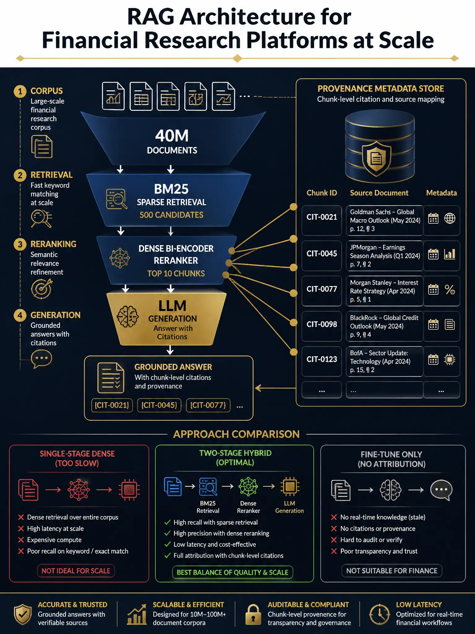 2048x1536 professional dark navy and gold infographic titled 'RAG Architecture for Financial Research Platforms at Scale'. Left side shows a funnel diagram: '40M Documents' at the top narrowing through 'BM25 Sparse Retrieval' stage (500 candidates) then 'Dense Bi-Encoder Reranker' stage (top 10 chunks) flowing into an LLM generation box. Right side shows a 'Provenance Metadata Store' database icon with gold connecting lines to each chunk, illustrating chunk-level citation IDs. Bottom row shows three comparison boxes: 'Single-Stage Dense (Too Slow)', 'Two-Stage Hybrid (Optimal)', 'Fine-Tune Only (No Attribution)'. Color palette: deep navy #0A1628, gold #C9A84C, white text. Style: clean enterprise technology diagram, no photographs.