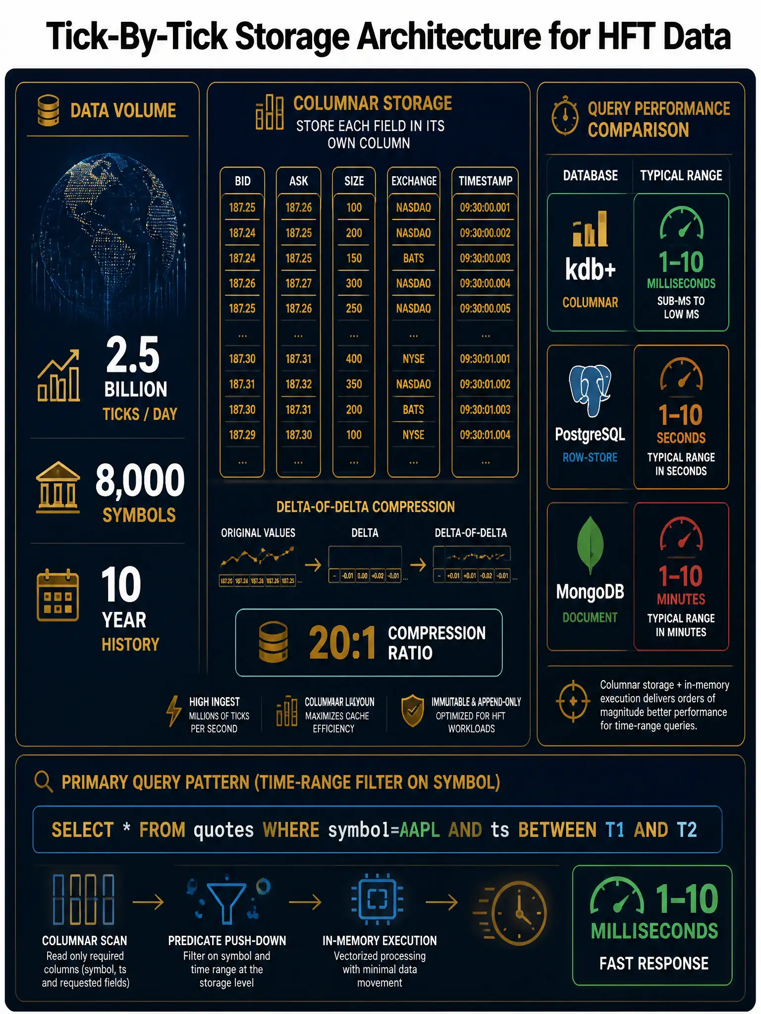 2048x1536 professional dark navy and gold infographic titled 'Tick-By-Tick Storage Architecture for HFT Data'. Left panel shows a data volume stat: '2.5 Billion Ticks/Day | 8,000 Symbols | 10-Year History'. Center panel shows a columnar storage diagram: columns labeled BID, ASK, SIZE, EXCHANGE, TIMESTAMP shown as separate vertical bars (gold outlines), with 'Delta-of-Delta Compression' annotation and a 20:1 compression ratio badge. Right panel shows a query performance comparison table: kdb+ columnar at milliseconds, PostgreSQL row-store at seconds, MongoDB document at minutes. Bottom shows the primary query pattern: 'SELECT FROM quotes WHERE symbol=AAPL AND ts BETWEEN T1 AND T2' with an arrow to a fast-response icon. Color palette: deep navy #0A1628, gold #C9A84C, white text. Style: enterprise technical diagram, no photographs.
