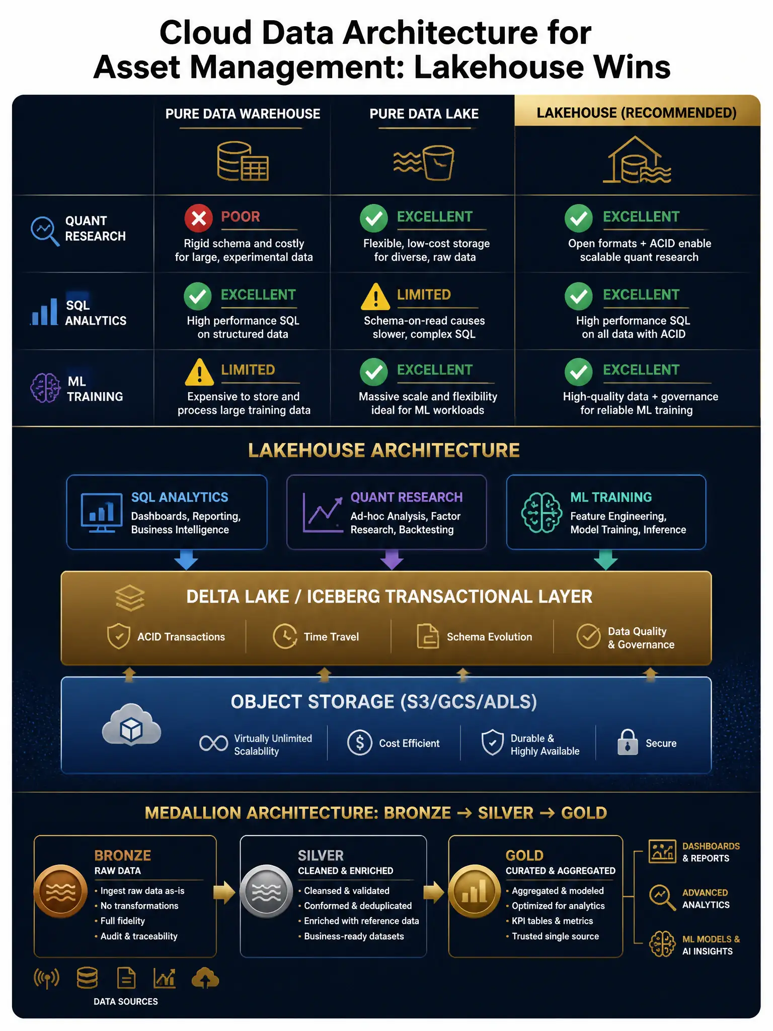 2048x1536 professional dark navy and gold infographic titled 'Cloud Data Architecture for Asset Management: Lakehouse Wins'. Three-column comparison at top: 'Pure Data Warehouse', 'Pure Data Lake', 'Lakehouse (Recommended)'. Each column lists use-case scores: Quant Research (red X, green check, green check), SQL Analytics (green check, yellow warning, green check), ML Training (yellow warning, green check, green check). Center section shows a layered lakehouse architecture diagram: bottom layer 'Object Storage (S3/GCS/ADLS)' in blue, middle layer 'Delta Lake / Iceberg Transactional Layer' in gold, top layer splits into three paths: SQL Analytics, Quant Research, ML Training. Bottom shows 'Medallion Architecture: Bronze → Silver → Gold' pipeline. Color palette: deep navy #0A1628, gold #C9A84C, white text. Style: enterprise cloud architecture diagram, no photographs.