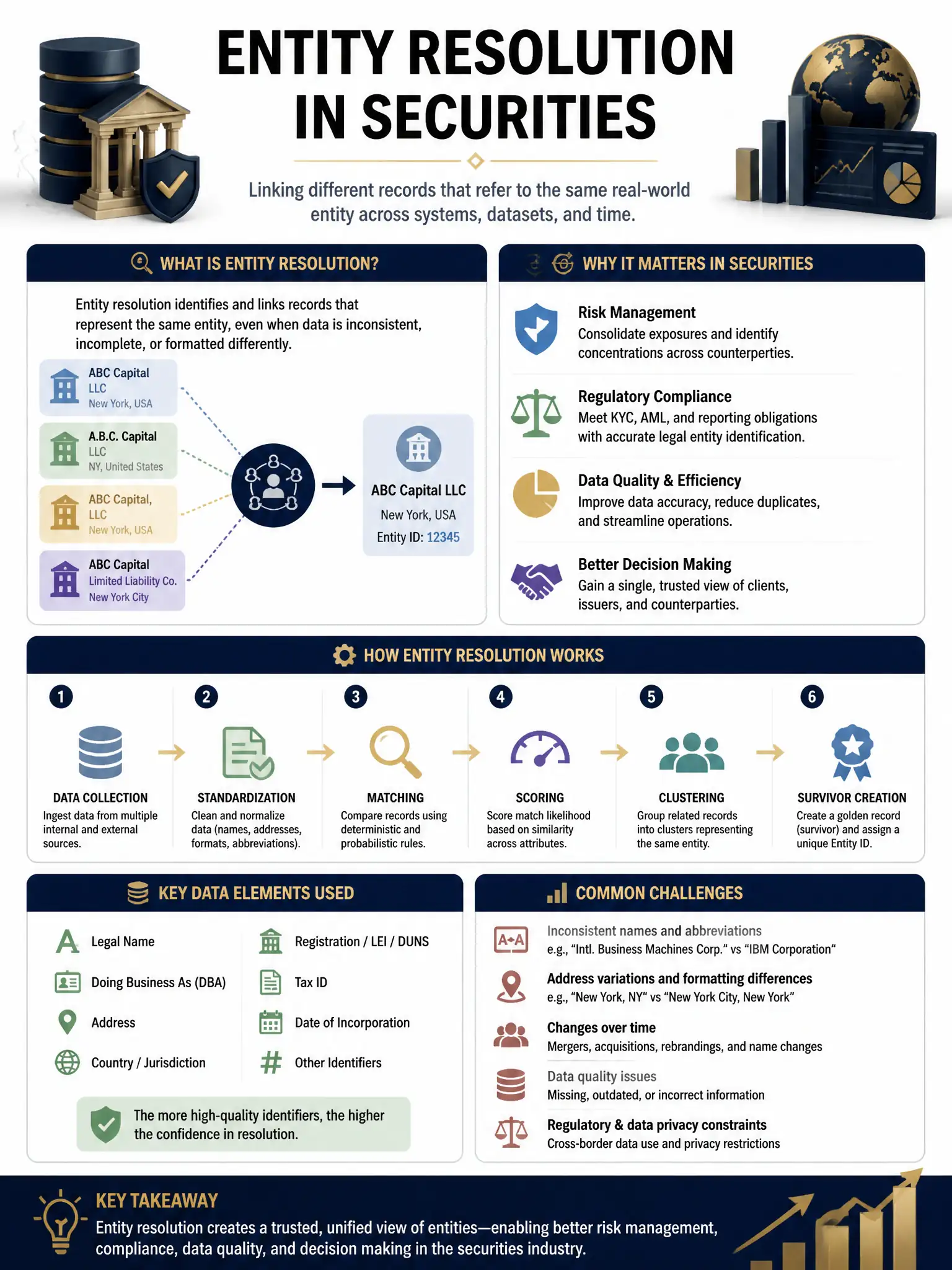 Professional financial technology infographic 2048x1536, dark navy background with gold accents, topic: entity resolution securities. Clean sans-serif, CFIA practice q070.