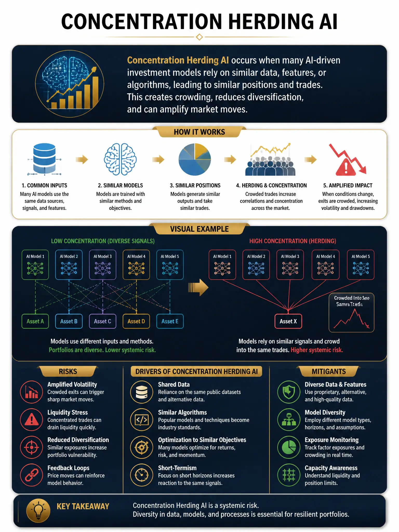 Professional financial technology infographic 2048x1536, dark navy background with gold accents, topic: concentration herding ai. Clean sans-serif, CFIA practice q079.
