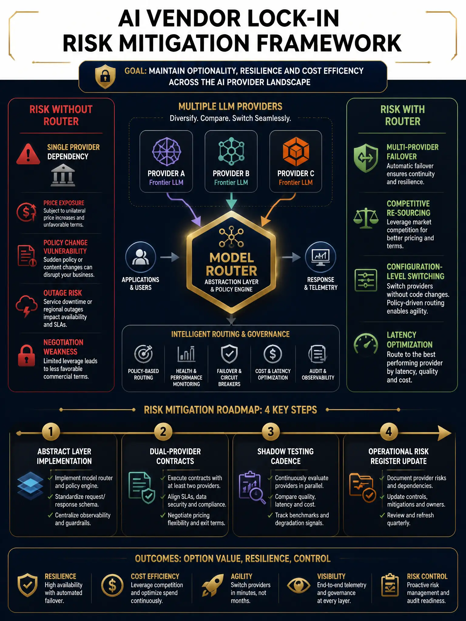 2048x1536 professional infographic, dark navy blue background with gold accents, titled 'AI Vendor Lock-In Risk Mitigation Framework'. Center shows a hexagonal model router graphic with arrows flowing in from multiple LLM provider logos (abstracted as Provider A, B, C). Left side shows 'Risk Without Router': single provider, price exposure, policy change vulnerability, outage risk. Right side shows 'Risk With Router': multi-provider failover, competitive re-sourcing, configuration-level switching, latency optimization. Bottom section shows a four-step mitigation roadmap: 1) Abstract layer implementation, 2) Dual-provider contracts, 3) Shadow testing cadence, 4) Operational risk register update. Gold timeline arrow connecting the steps. Clean, data-dense, investment-grade design.