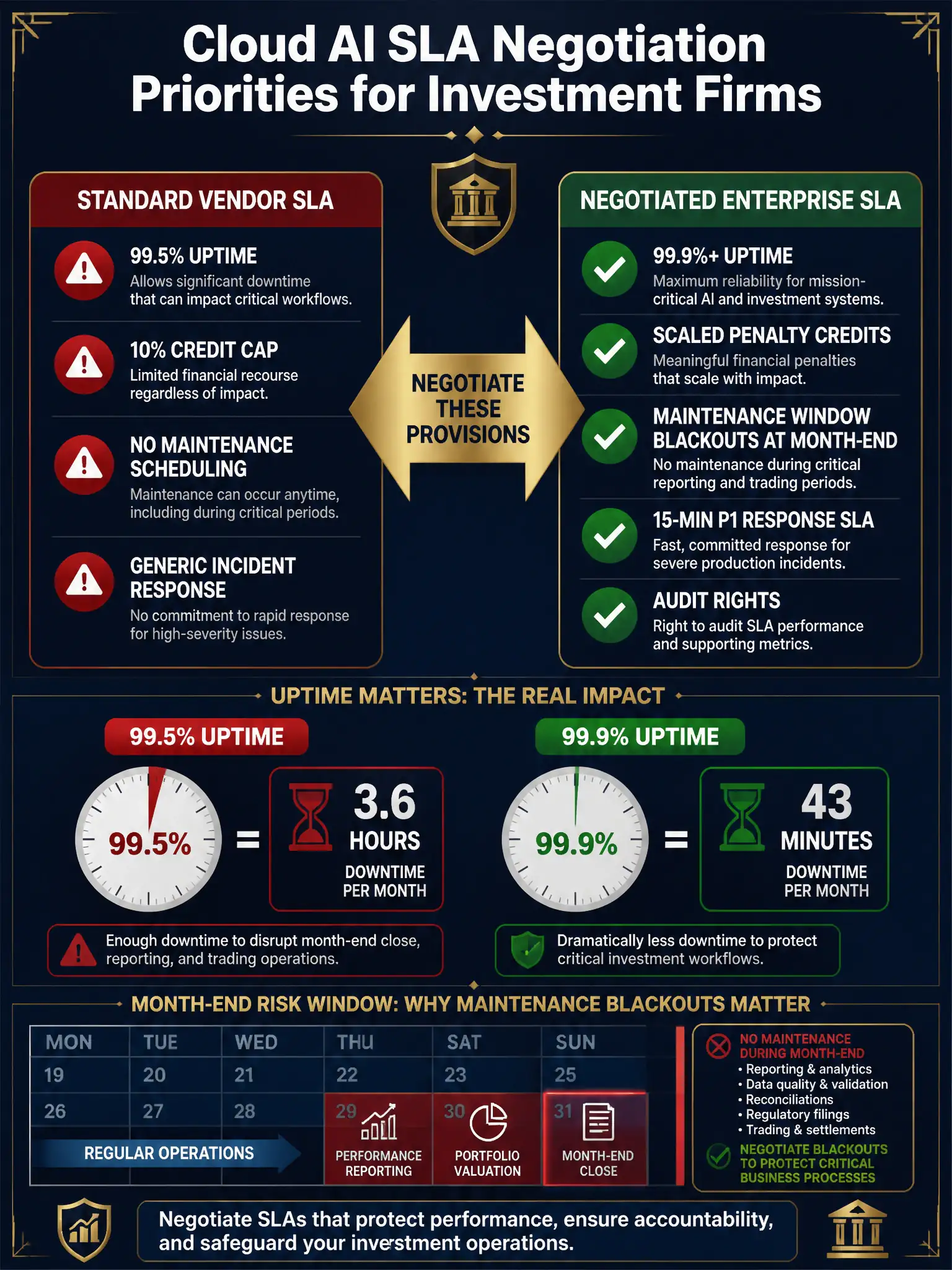 2048x1536 professional infographic, dark navy blue background with gold accents, titled 'Cloud AI SLA Negotiation Priorities for Investment Firms'. Left column header: 'Standard Vendor SLA' with red warning icons: 99.5% uptime, 10% credit cap, no maintenance scheduling, generic incident response. Right column header: 'Negotiated Enterprise SLA' with green check icons: 99.9%+ uptime, scaled penalty credits, maintenance window blackouts at month-end, 15-min P1 response SLA, audit rights. Center comparison arrow labeled 'Negotiate These Provisions'. Bottom section: uptime math graphic showing 99.5% equals 3.6 hrs/month downtime vs 99.9% equals 43 minutes/month, with reporting calendar overlay showing month-end risk window highlighted in red. Investment-grade typography, no clutter.
