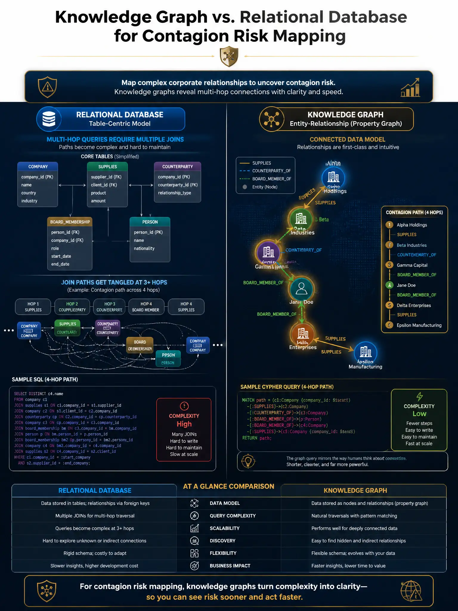 2048x1536 professional infographic on dark navy background with gold accents, titled 'Knowledge Graph vs. Relational Database for Contagion Risk Mapping', showing a split comparison: left side depicts a traditional relational database with multiple JOIN arrows between entity tables becoming increasingly tangled at 3+ hops; right side shows an elegant graph network with corporate entity nodes connected by labeled edges (SUPPLIES, COUNTERPARTYOF, BOARDMEMBEROF) with a highlighted contagion path traced in gold. Include Neo4j/property graph notation and a callout showing query complexity comparison. Professional financial technology aesthetic.