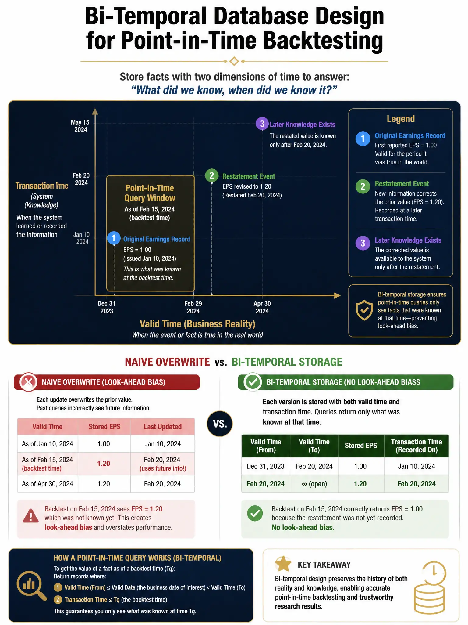2048x1536 professional infographic on dark navy background with gold accents, titled 'Bi-Temporal Database Design for Point-in-Time Backtesting', showing a two-axis time diagram: X-axis labeled 'Valid Time (Business Reality)' and Y-axis labeled 'Transaction Time (System Knowledge)'. Plot three data points showing an original earnings record, a restatement event, and a point-in-time query window highlighted in gold that correctly retrieves only the originally known value. Include a side-by-side comparison of 'naive overwrite' vs 'bi-temporal' storage approaches showing the look-ahead bias impact. Professional quantitative finance aesthetic.