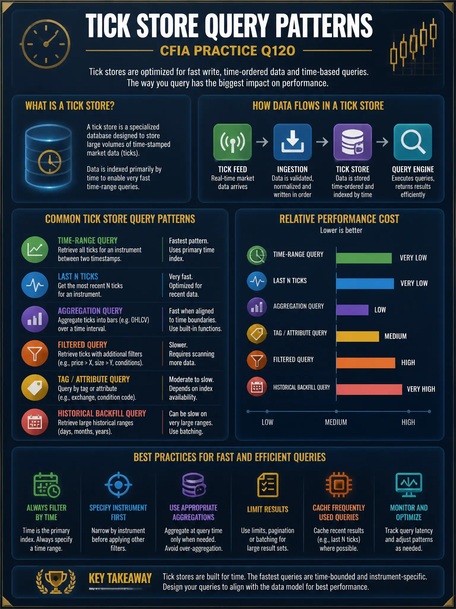 Professional financial technology infographic 2048x1536, dark navy background with gold accents, topic: tick store query patterns. Clean sans-serif, CFIA practice q120.