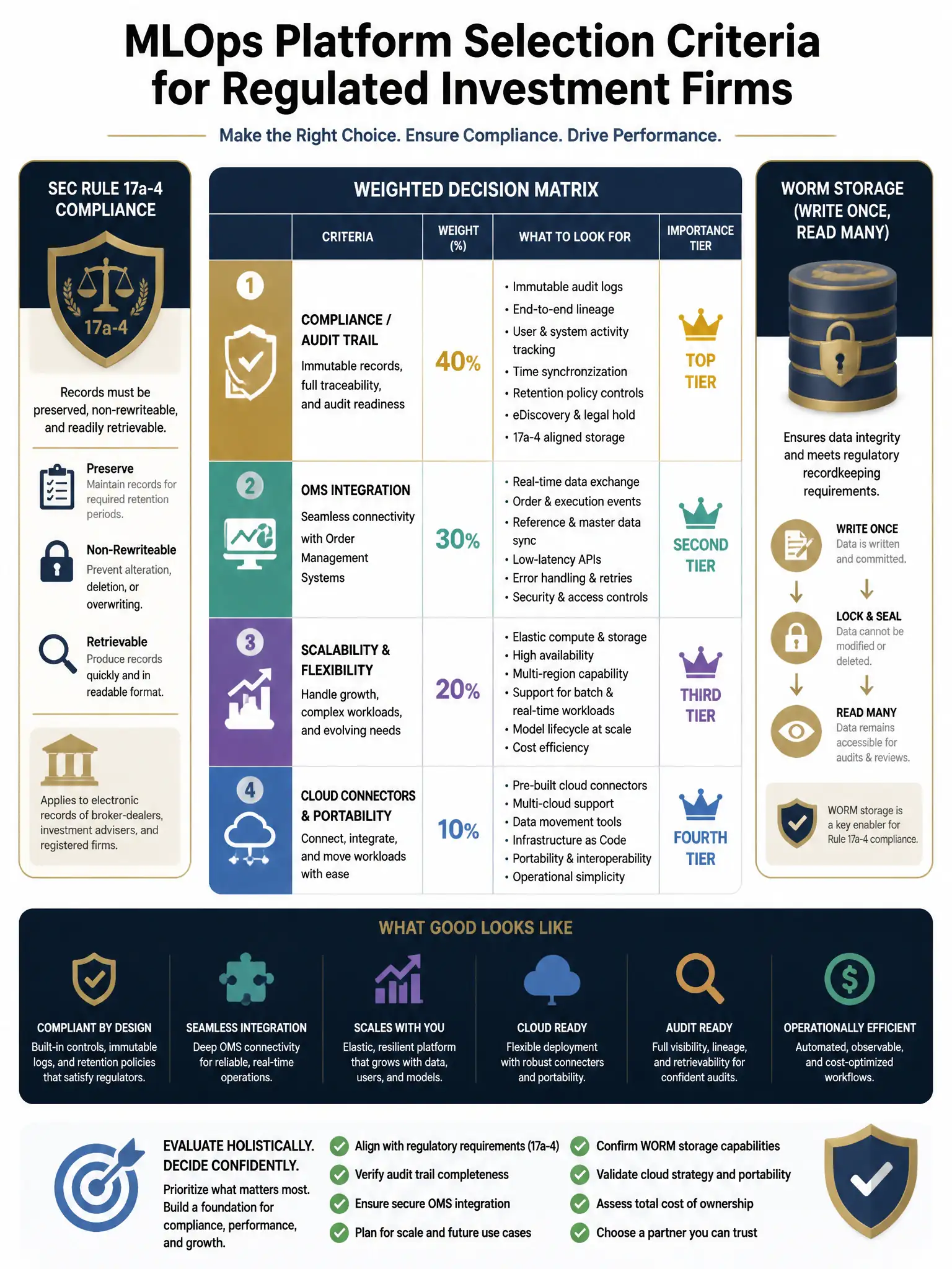 2048x1536 professional dark navy and gold infographic titled 'MLOps Platform Selection Criteria for Regulated Investment Firms' showing a weighted decision matrix with compliance/audit trail at the top tier, OMS integration second, scalability third, and cloud connectors fourth; SEC Rule 17a-4 icon on left; WORM storage diagram on right; clean sans-serif typography