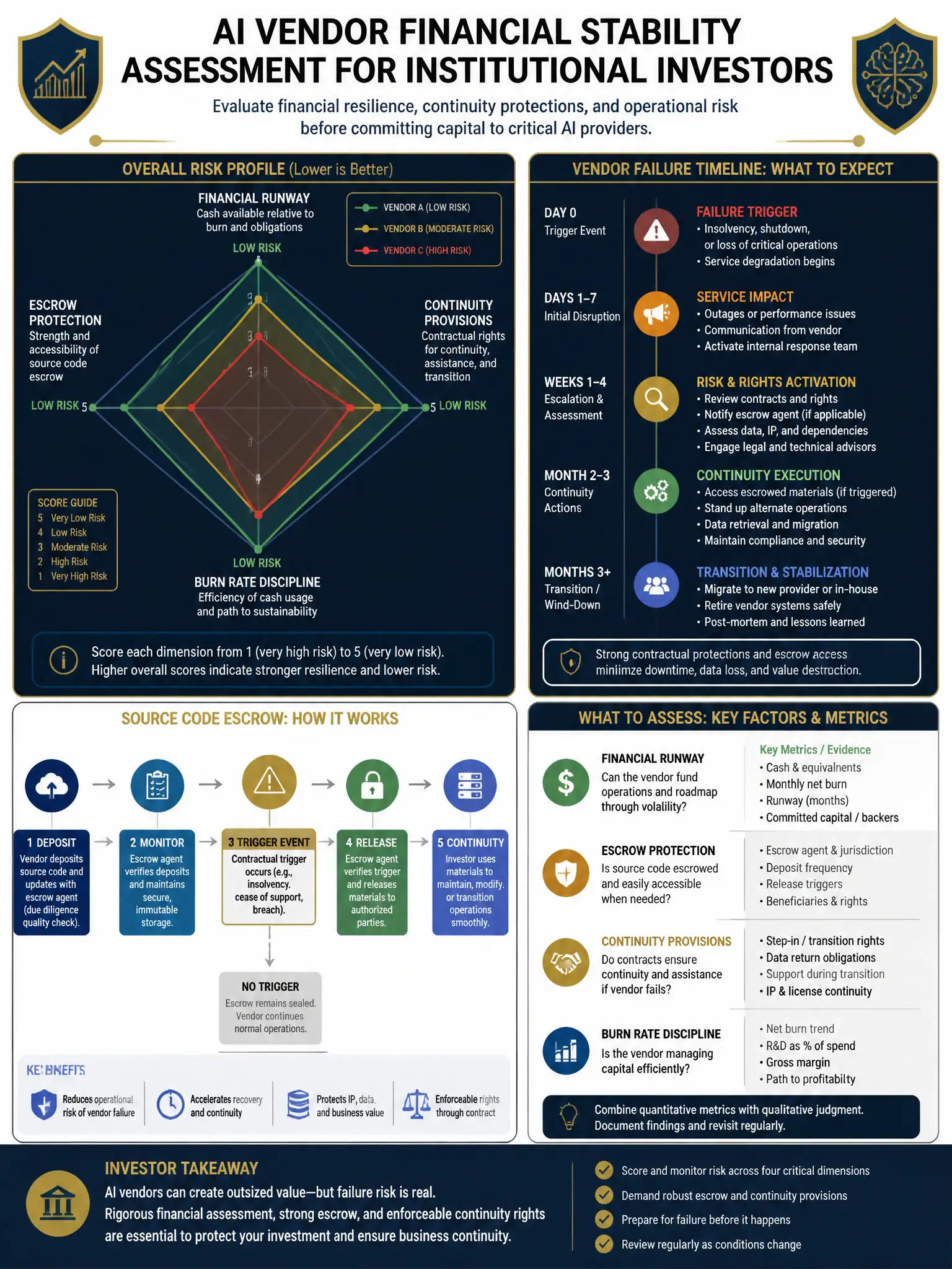 2048x1536 professional dark navy and gold infographic titled 'AI Vendor Financial Stability Assessment for Institutional Investors' showing a risk radar chart with runway, escrow, continuity provisions, and burn rate as axes; source code escrow flow diagram bottom left; vendor failure timeline top right; clean financial typography