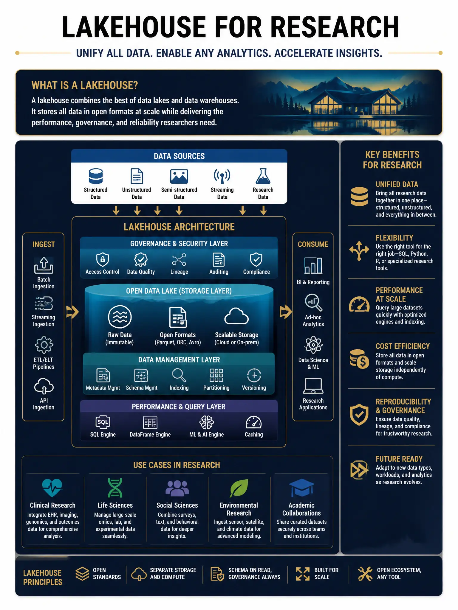Professional financial technology infographic 2048x1536, dark navy background with gold accents, topic: lakehouse for research. Clean sans-serif, CFIA practice q170.