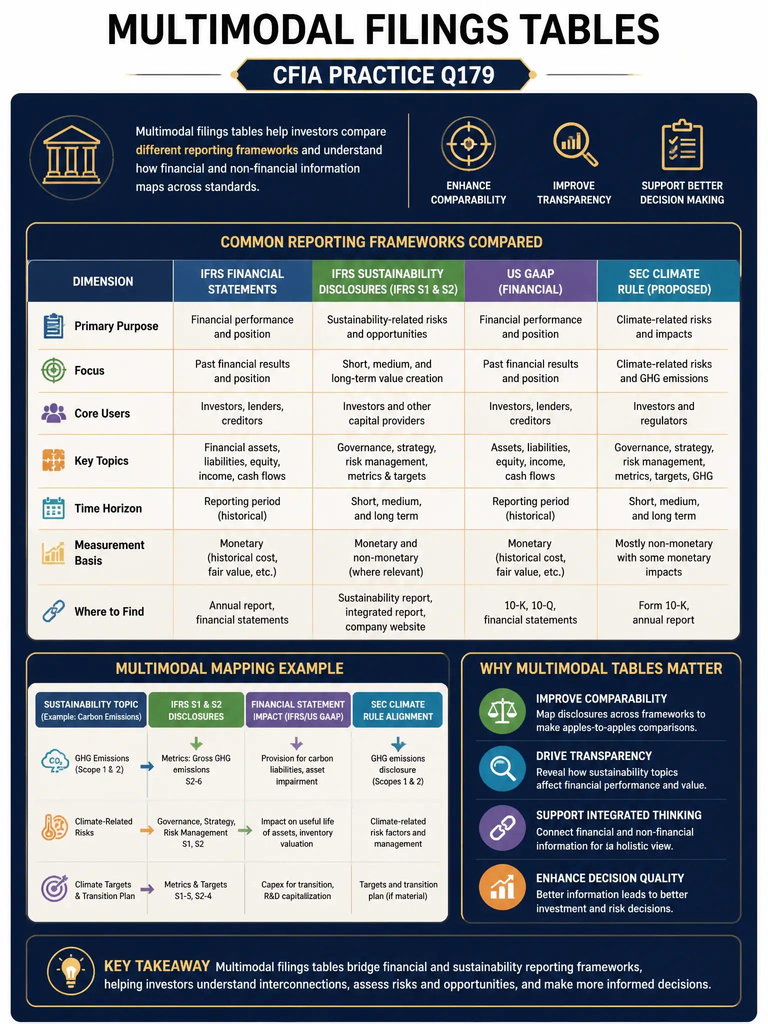 Professional financial technology infographic 2048x1536, dark navy background with gold accents, topic: multimodal filings tables. Clean sans-serif, CFIA practice q179.