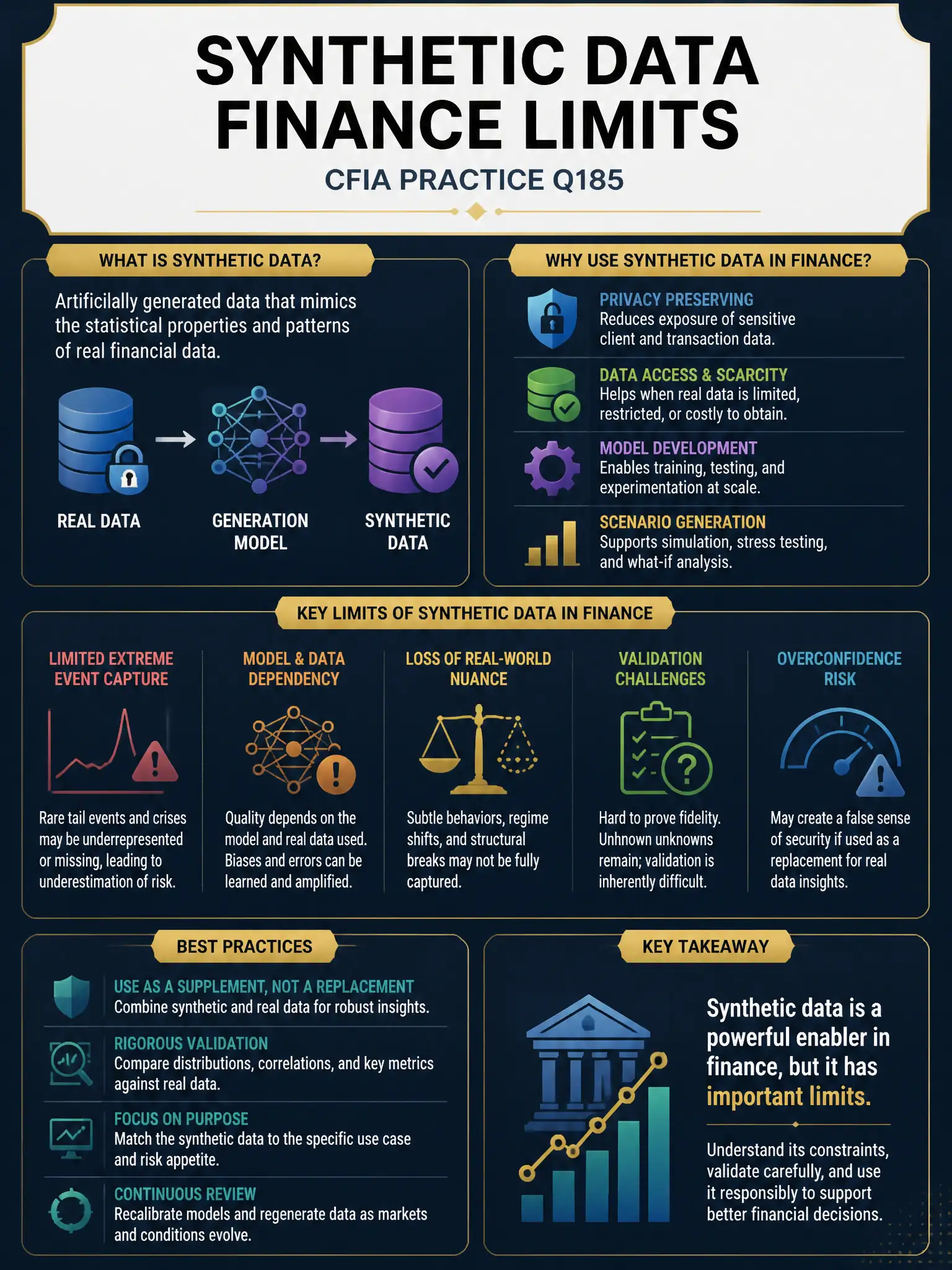 Professional financial technology infographic 2048x1536, dark navy background with gold accents, topic: synthetic data finance limits. Clean sans-serif, CFIA practice q185.