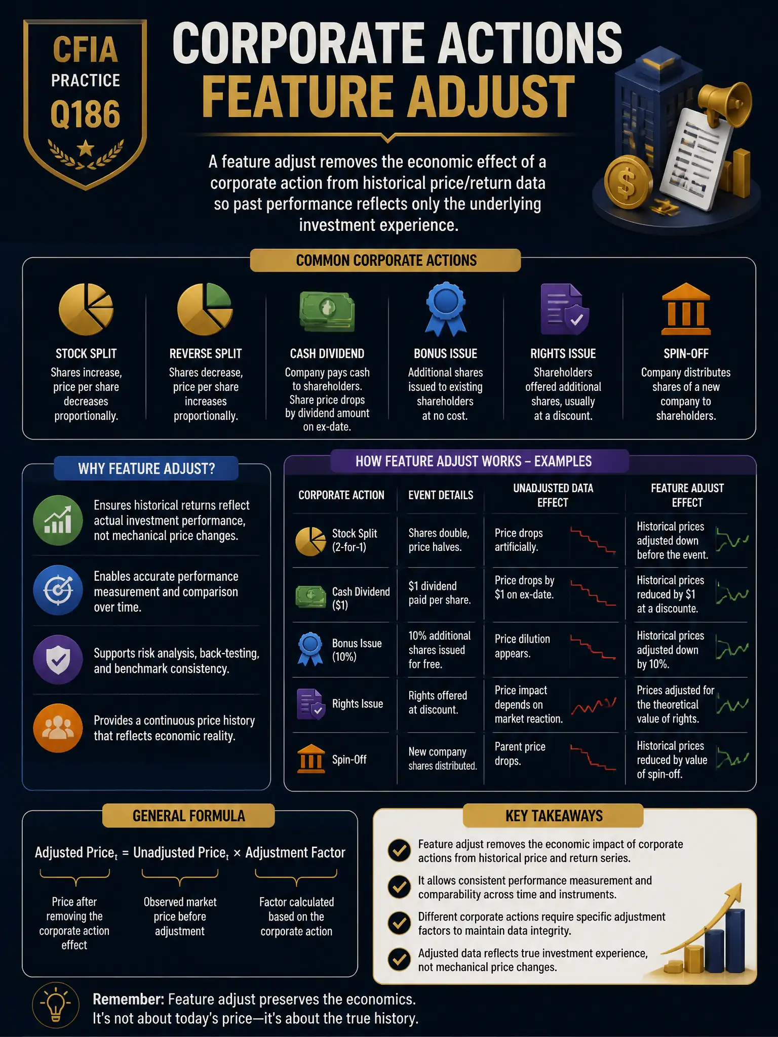 Professional financial technology infographic 2048x1536, dark navy background with gold accents, topic: corporate actions feature adjust. Clean sans-serif, CFIA practice q186.
