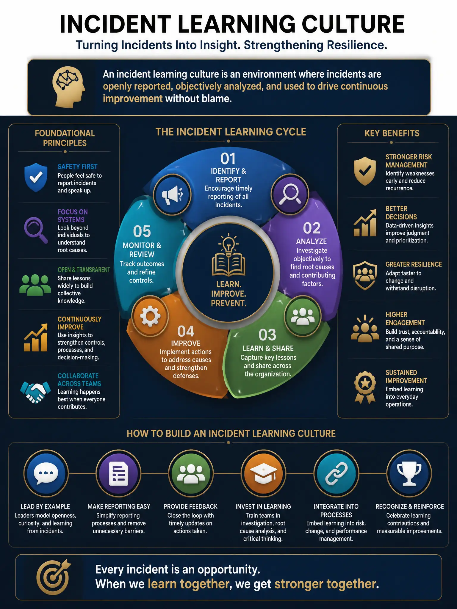 Professional financial technology infographic 2048x1536, dark navy background with gold accents, topic: incident learning culture. Clean sans-serif, CFIA practice q199.