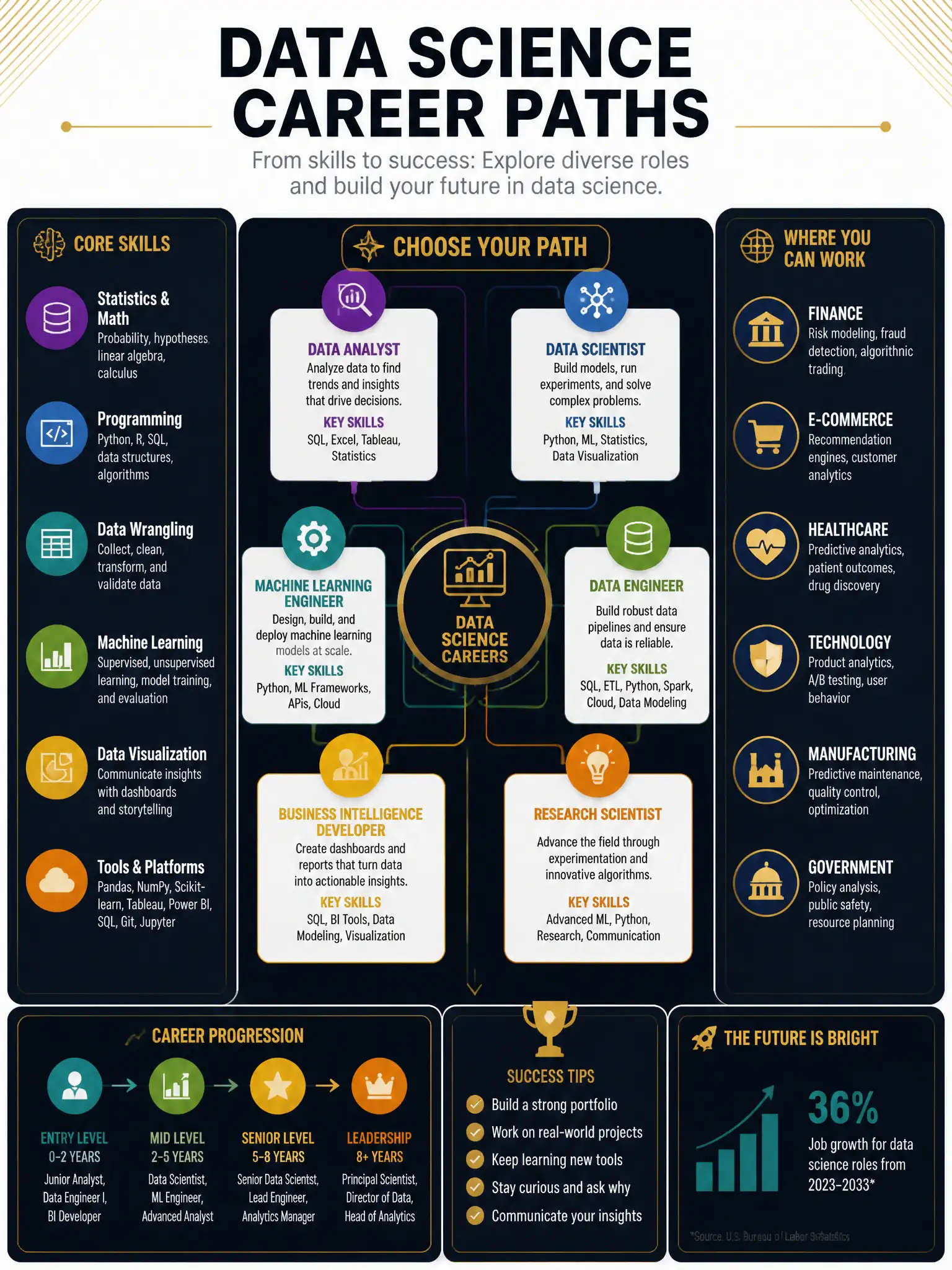 Professional financial technology infographic 2048x1536, dark navy background with gold accents, topic: data science career paths. Clean sans-serif, CFIA practice q205.