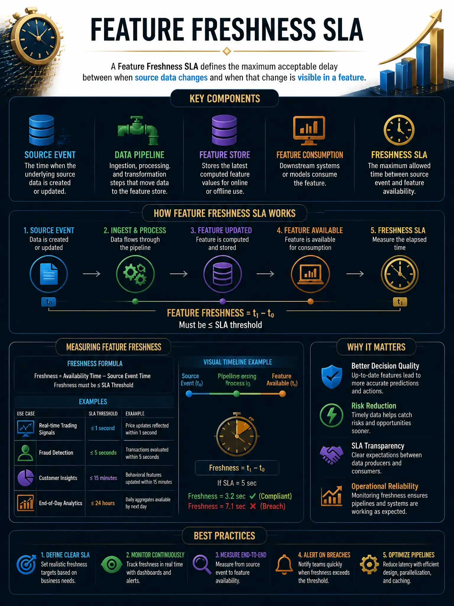 Professional financial technology infographic 2048x1536, dark navy background with gold accents, topic: feature freshness sla. Clean sans-serif, CFIA practice q214.