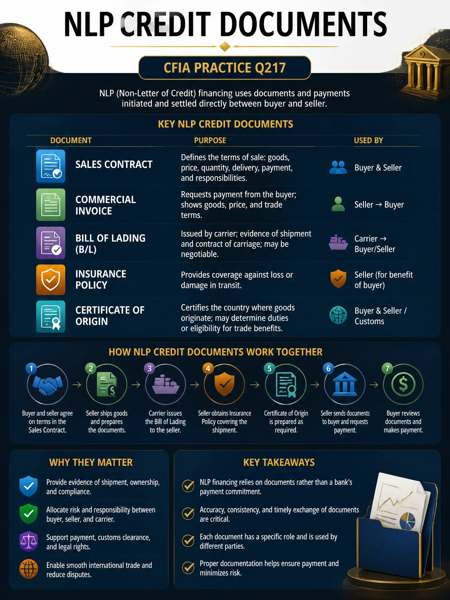 Professional financial technology infographic 2048x1536, dark navy background with gold accents, topic: nlp credit documents. Clean sans-serif, CFIA practice q217.