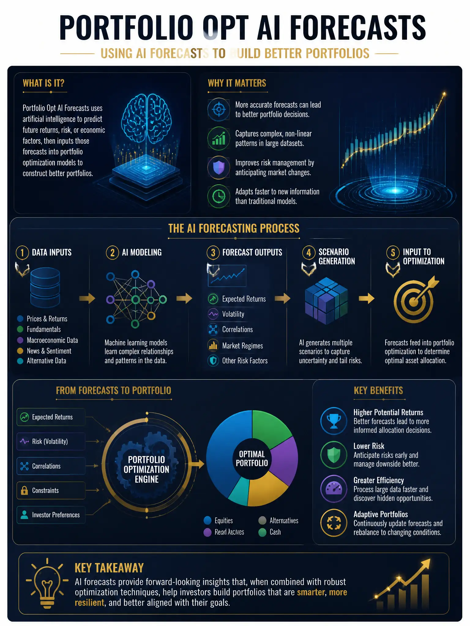 Professional financial technology infographic 2048x1536, dark navy background with gold accents, topic: portfolio opt ai forecasts. Clean sans-serif, CFIA practice q220.
