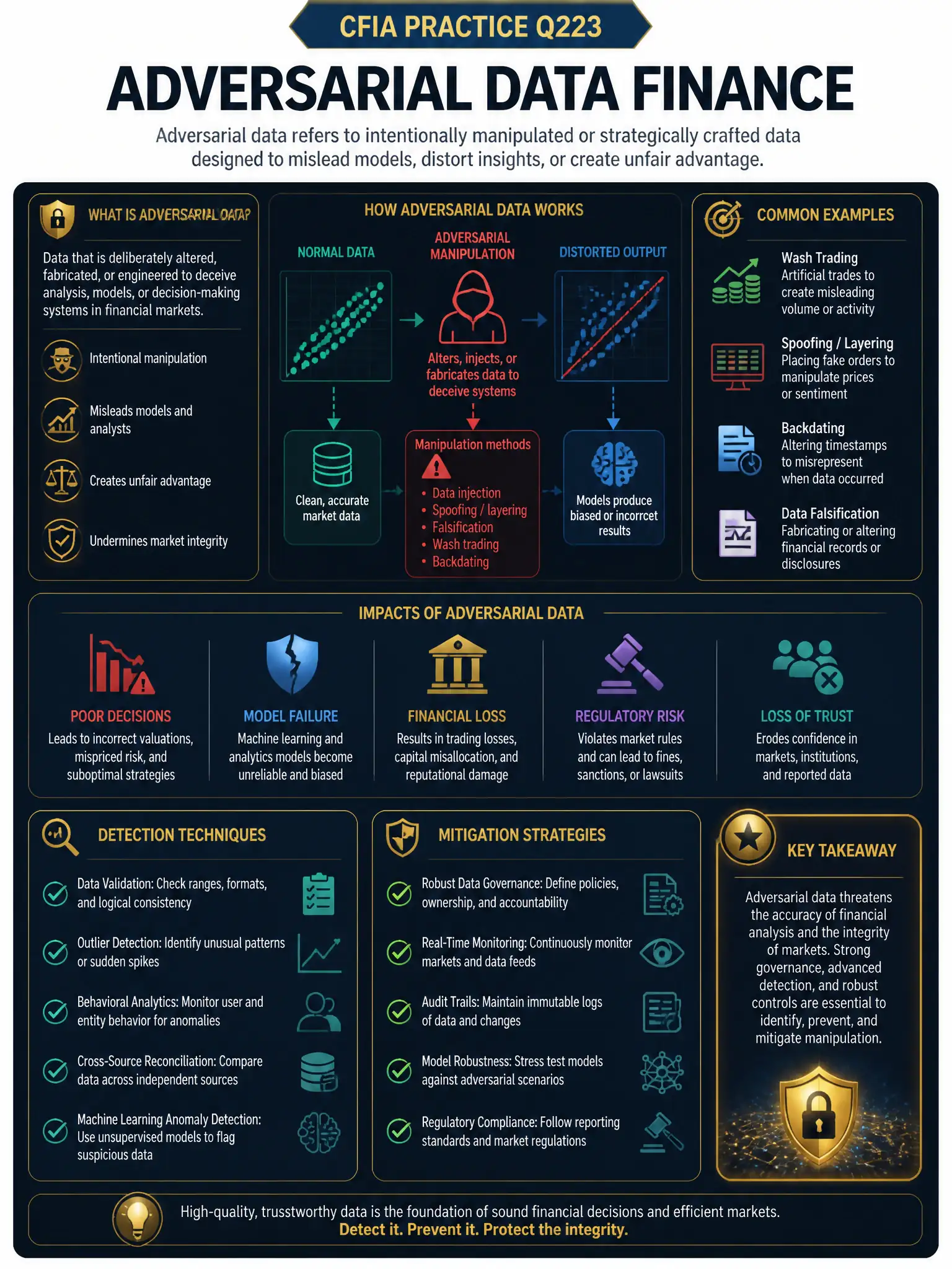 Professional financial technology infographic 2048x1536, dark navy background with gold accents, topic: adversarial data finance. Clean sans-serif, CFIA practice q223.