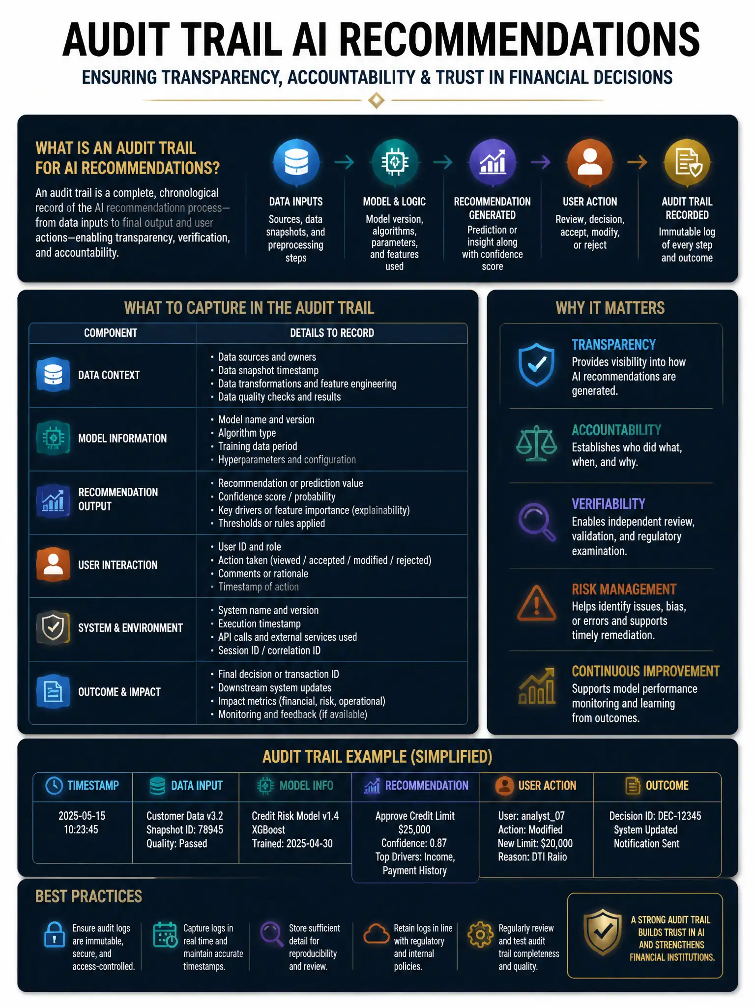 Professional financial technology infographic 2048x1536, dark navy background with gold accents, topic: audit trail ai recommendations. Clean sans-serif, CFIA practice q224.