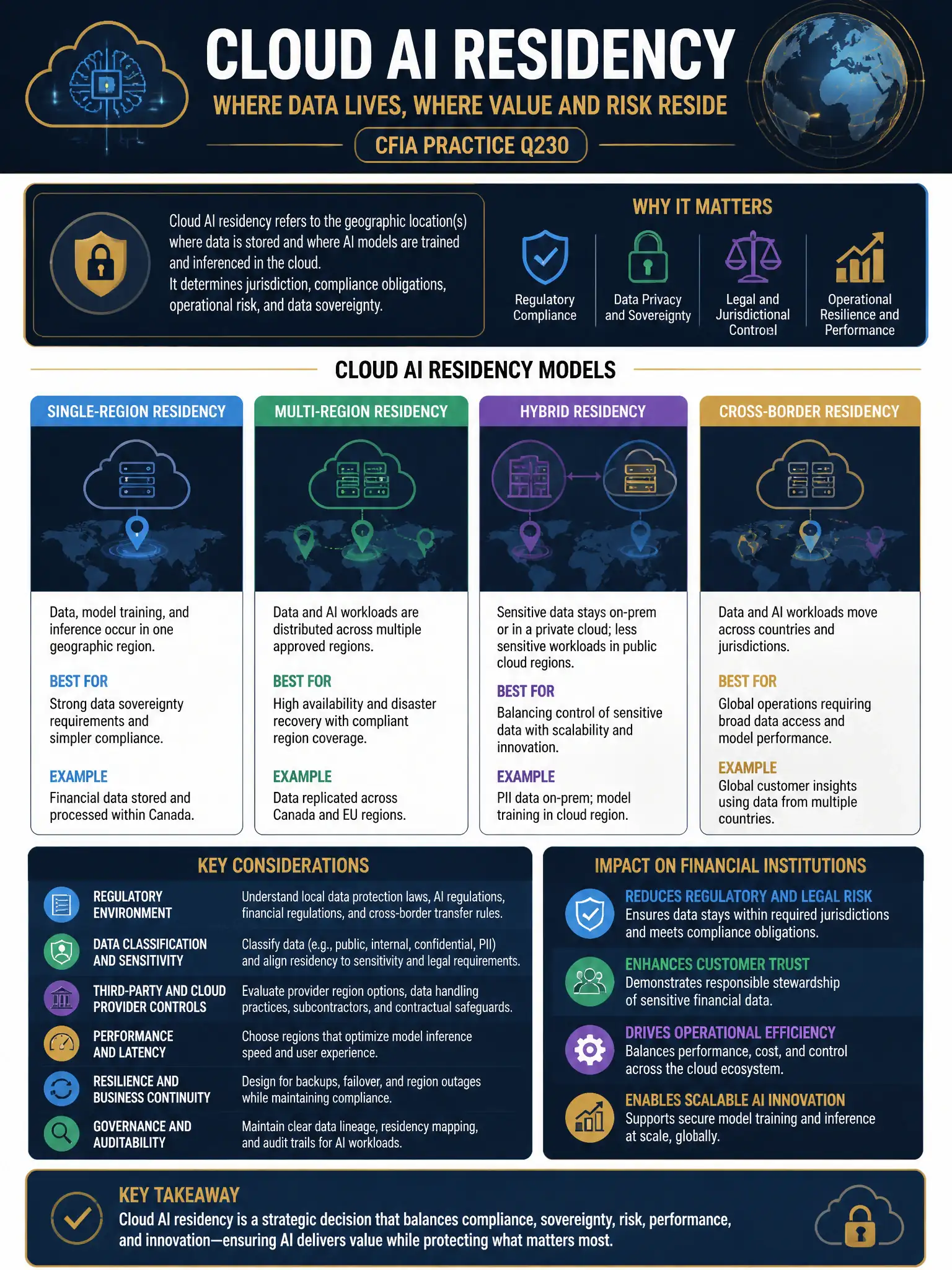 Professional financial technology infographic 2048x1536, dark navy background with gold accents, topic: cloud ai residency. Clean sans-serif, CFIA practice q230.