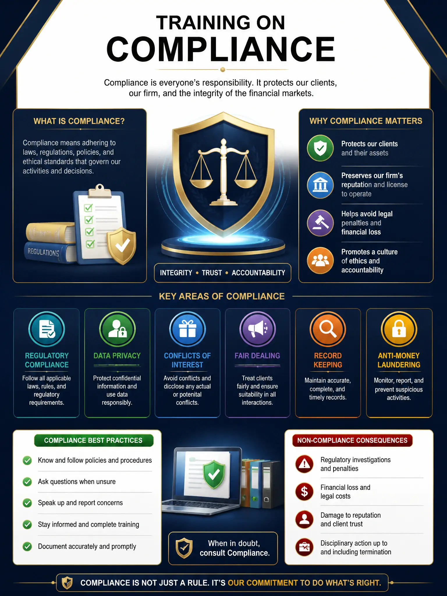 Professional financial technology infographic 2048x1536, dark navy background with gold accents, topic: training on compliance. Clean sans-serif, CFIA practice q235.