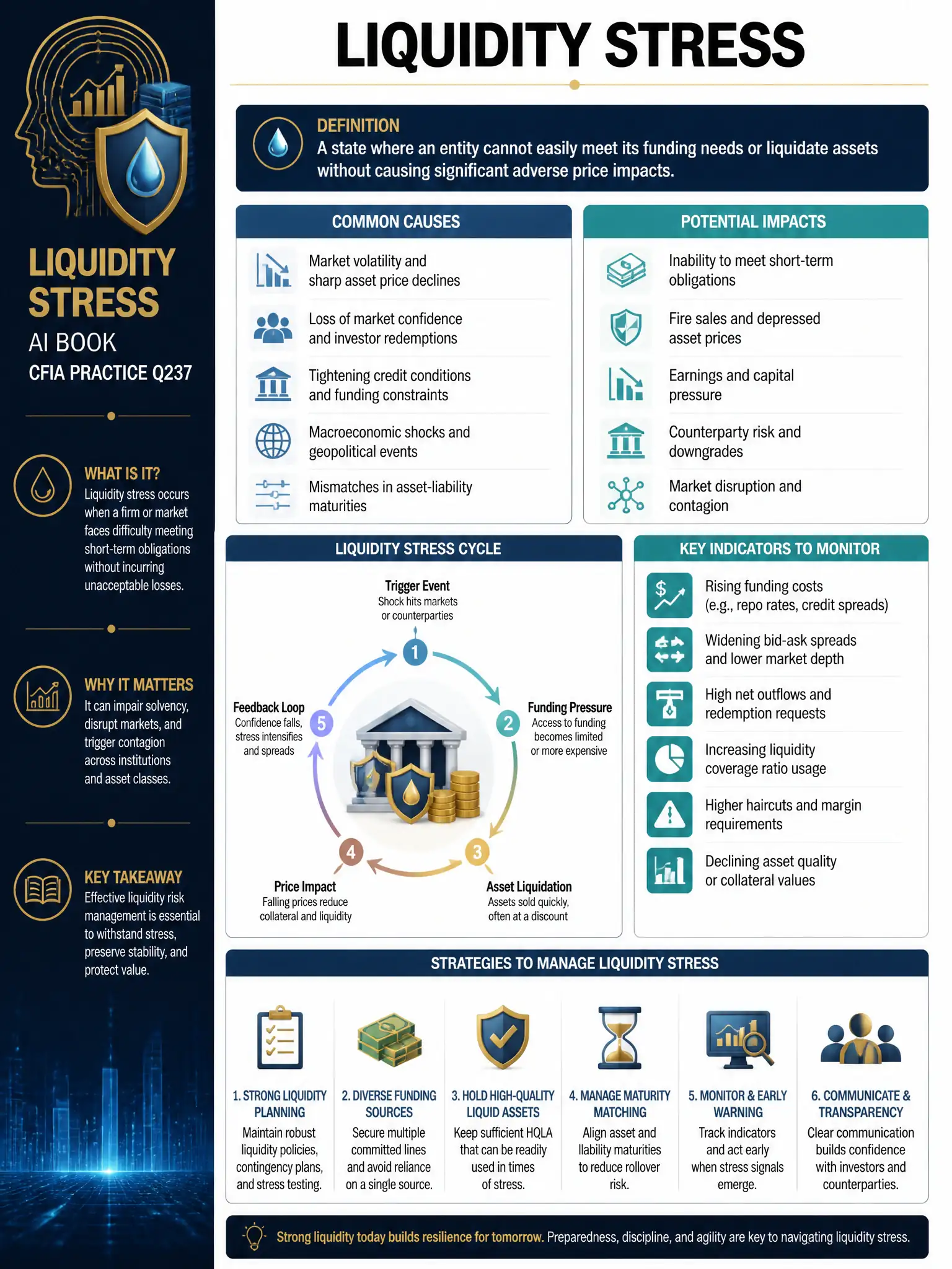 Professional financial technology infographic 2048x1536, dark navy background with gold accents, topic: liquidity stress ai book. Clean sans-serif, CFIA practice q237.