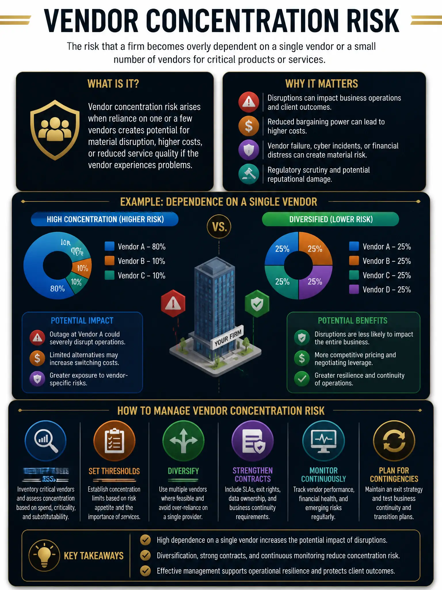 Professional financial technology infographic 2048x1536, dark navy background with gold accents, topic: vendor concentration risk. Clean sans-serif, CFIA practice q239.