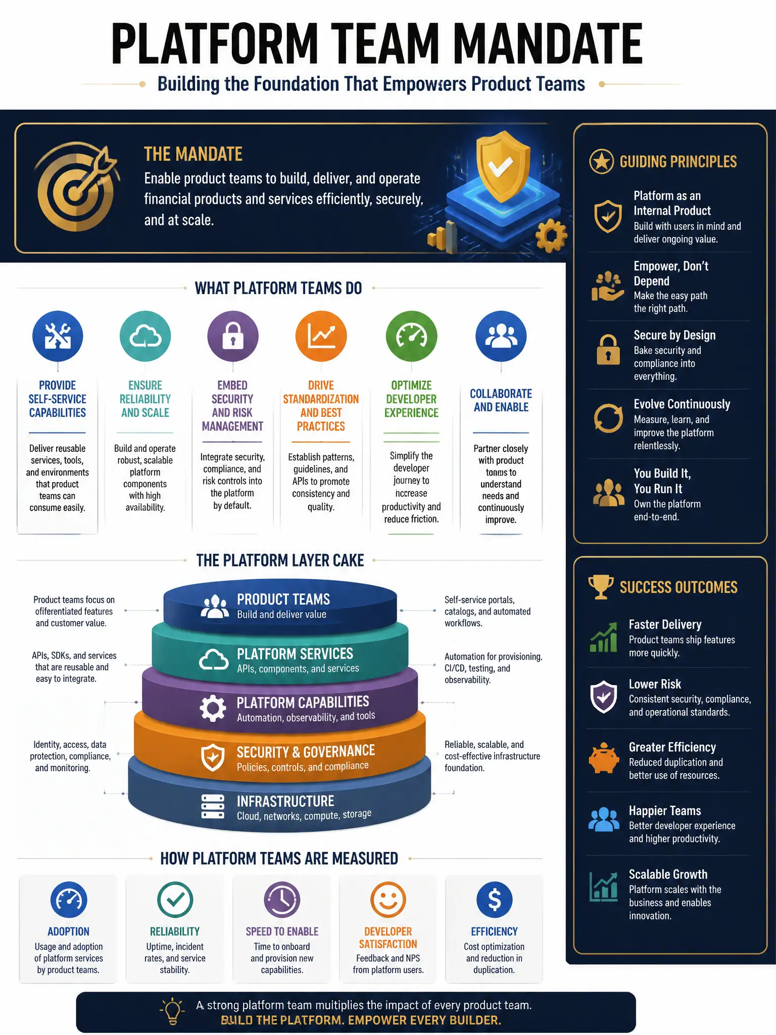 Professional financial technology infographic 2048x1536, dark navy background with gold accents, topic: platform team mandate. Clean sans-serif, CFIA practice q253.